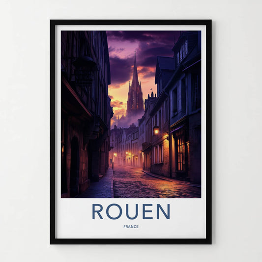Rouen Poster - France Travel Art - Twilight Cathedral Street Home Decor