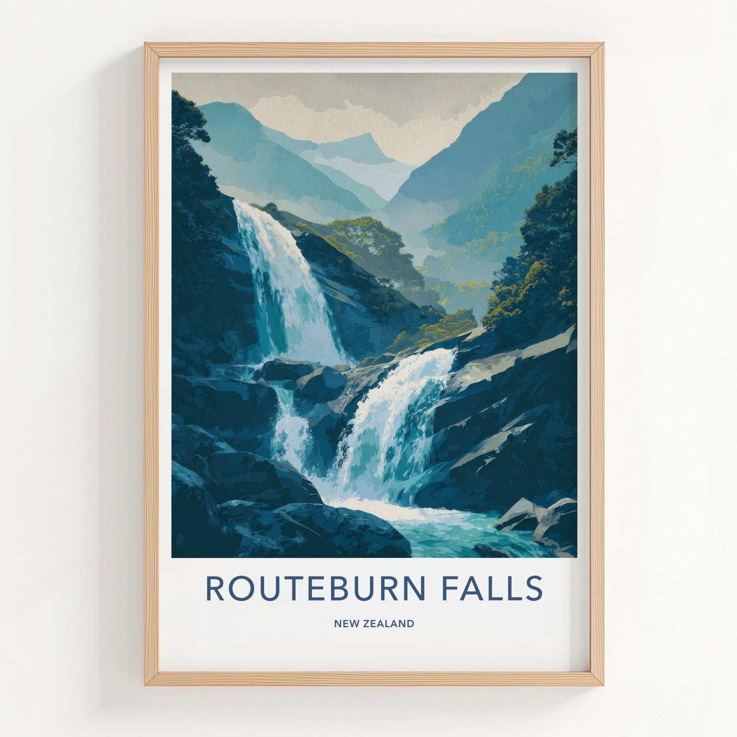 Routeburn Falls Poster - New Zealand Travel Art - Cascading Mountain Falls Home Decor