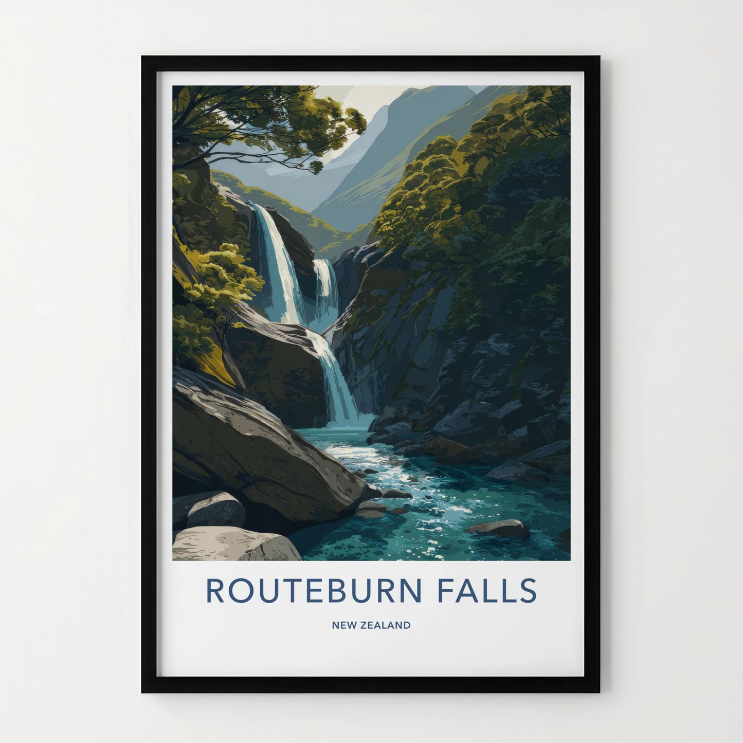 Routeburn Falls Poster - New Zealand Travel Art - Lush Mountain Waterfall Home Decor