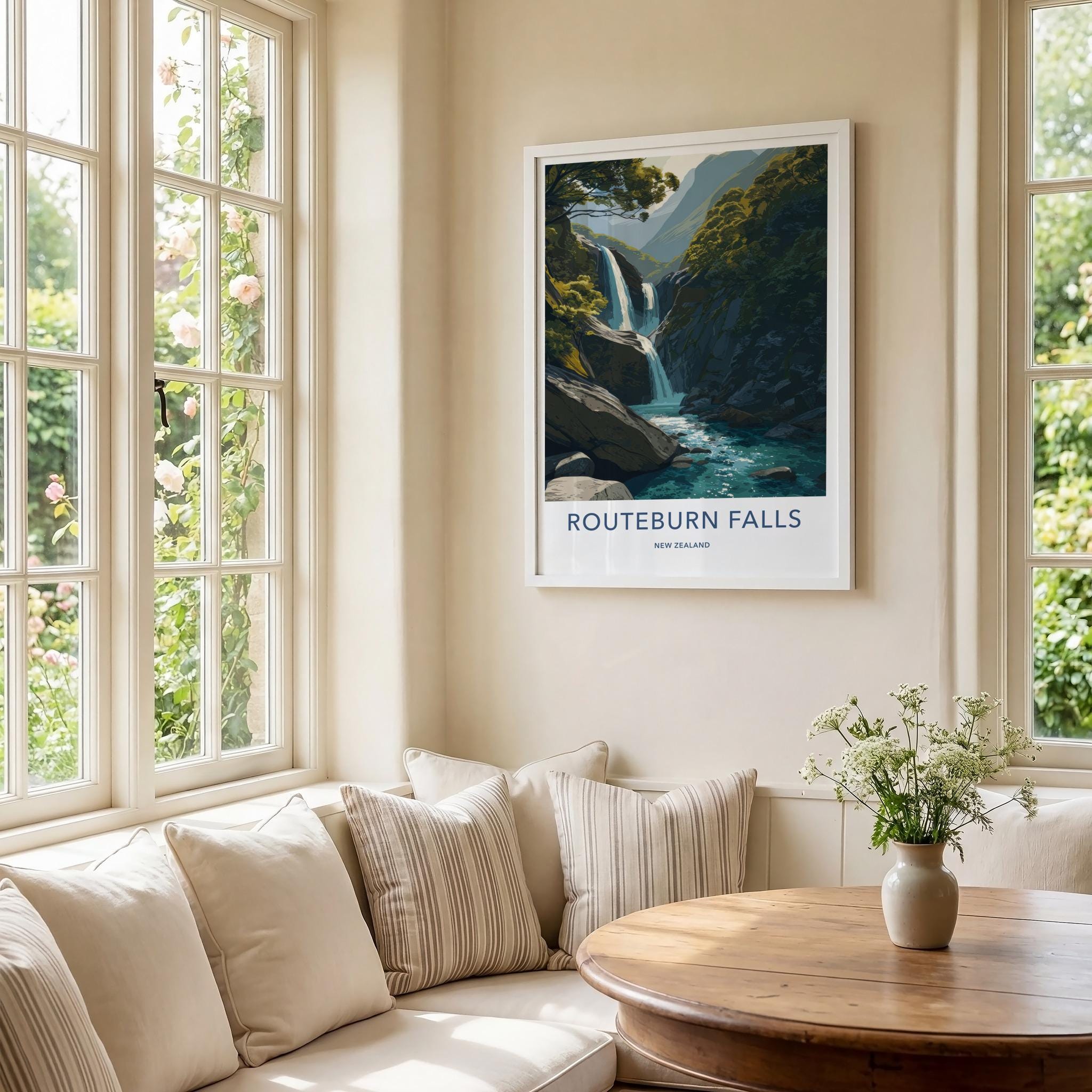 Routeburn Falls Poster - New Zealand Travel Art - Lush Mountain Waterfall Home Decor