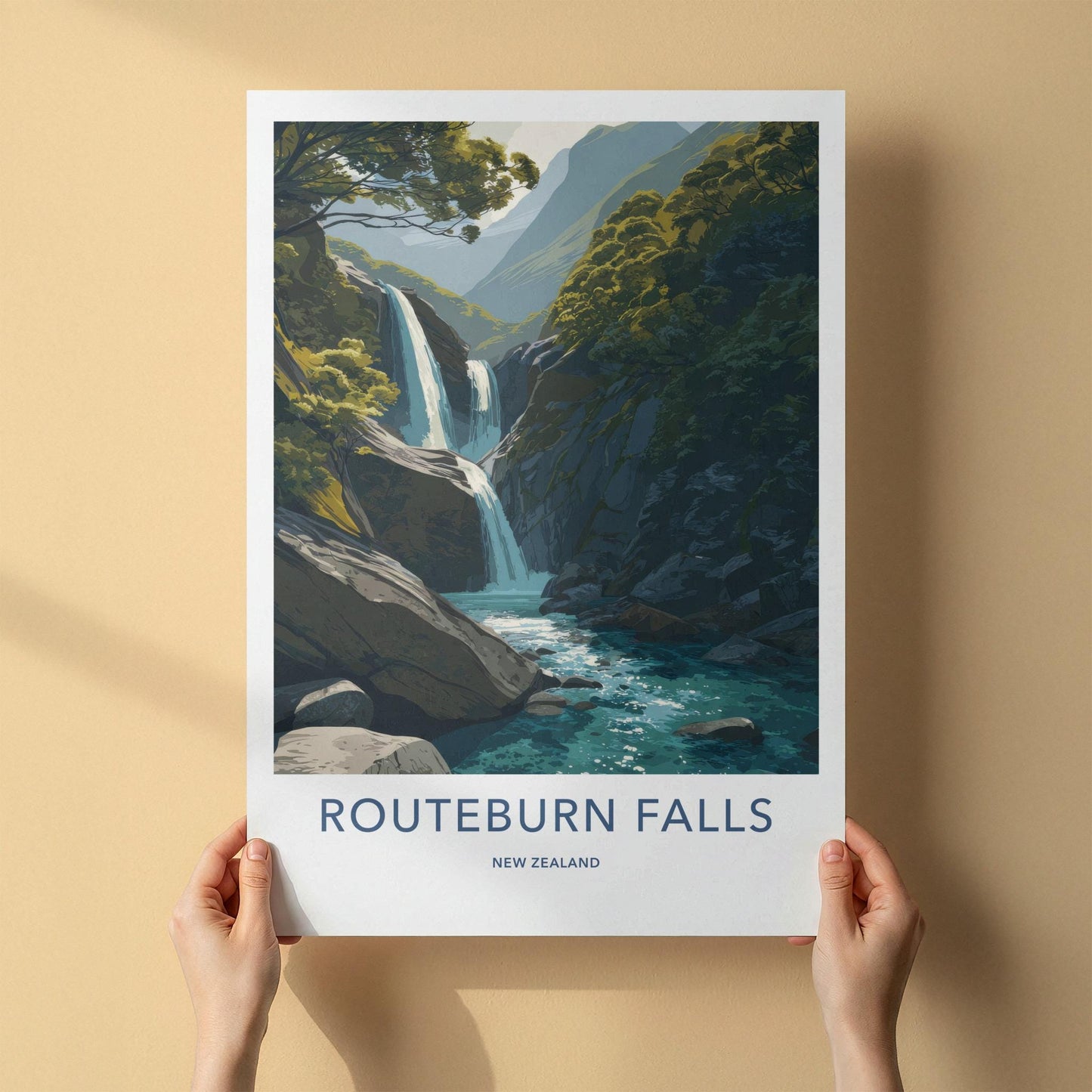 Routeburn Falls Poster - New Zealand Travel Art - Lush Mountain Waterfall Home Decor