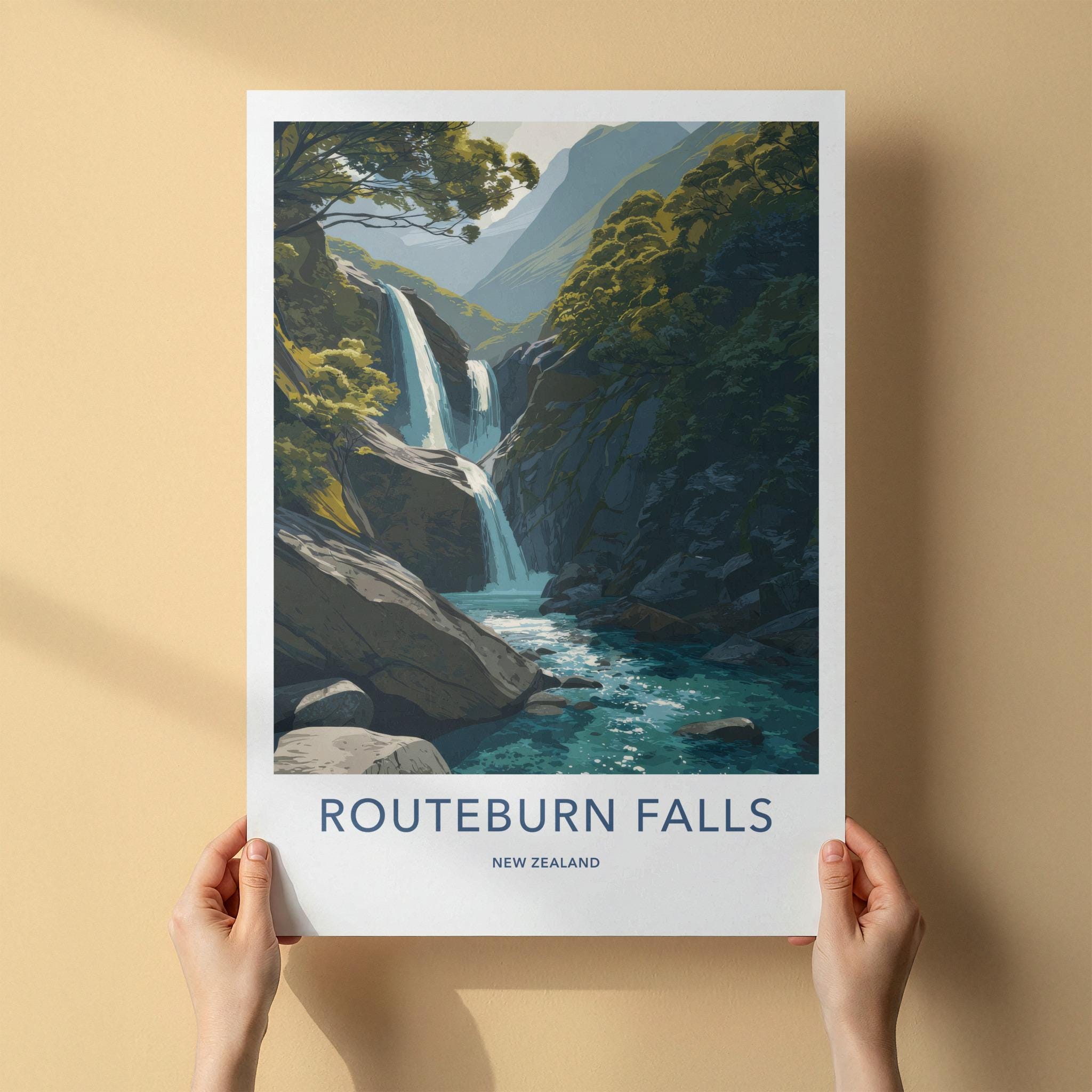 Routeburn Falls Poster - New Zealand Travel Art - Lush Mountain Waterfall Home Decor