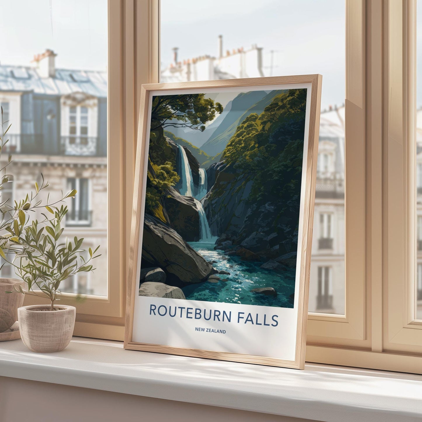 Routeburn Falls Poster - New Zealand Travel Art - Lush Mountain Waterfall Home Decor