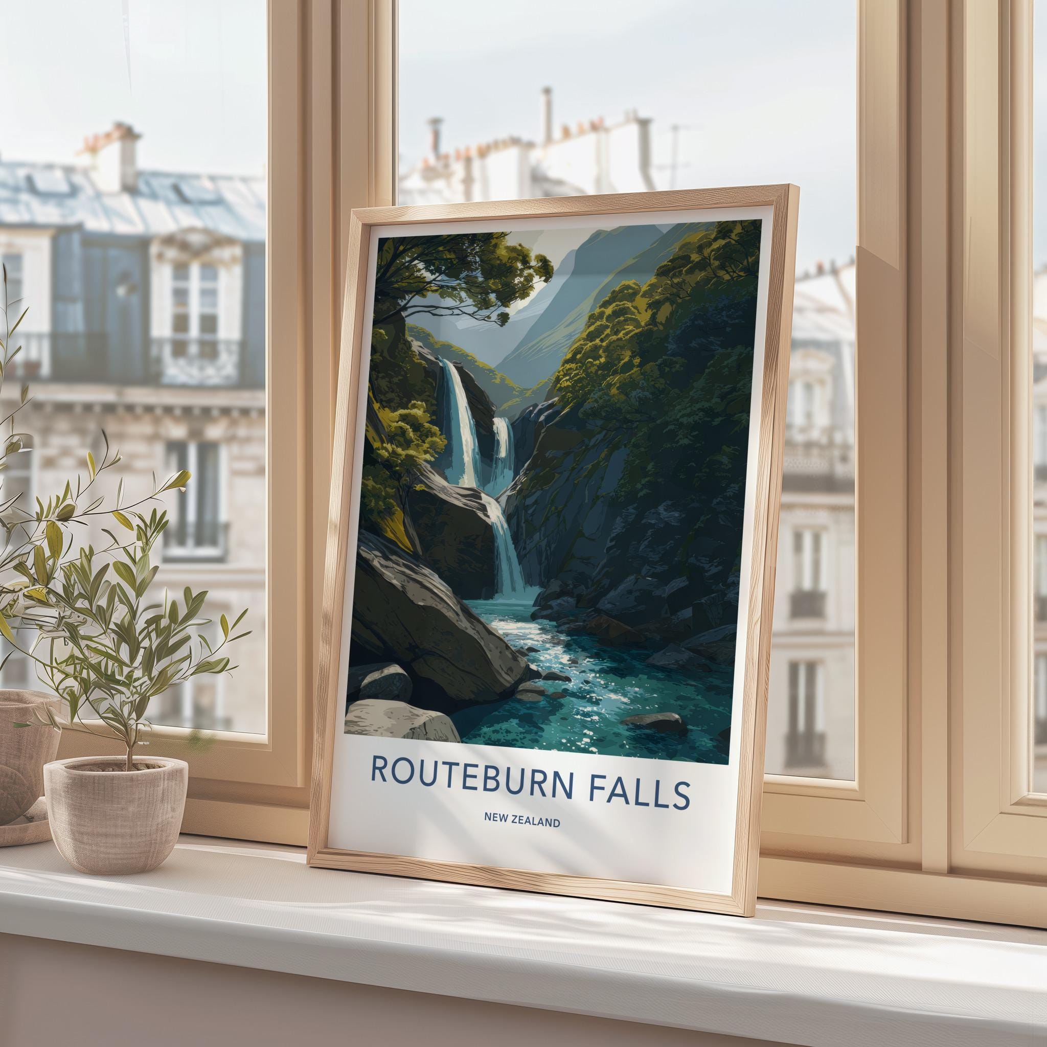 Routeburn Falls Poster - New Zealand Travel Art - Lush Mountain Waterfall Home Decor