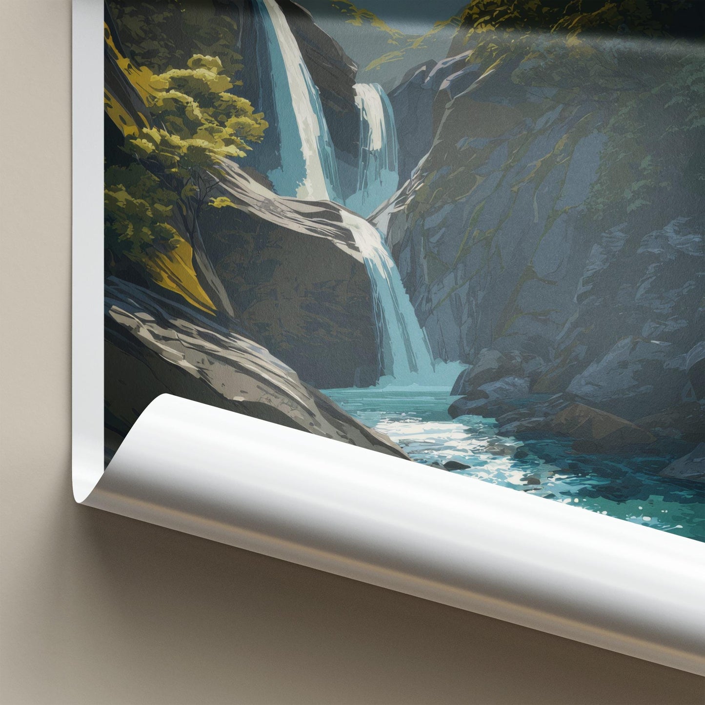 Routeburn Falls Poster - New Zealand Travel Art - Lush Mountain Waterfall Home Decor