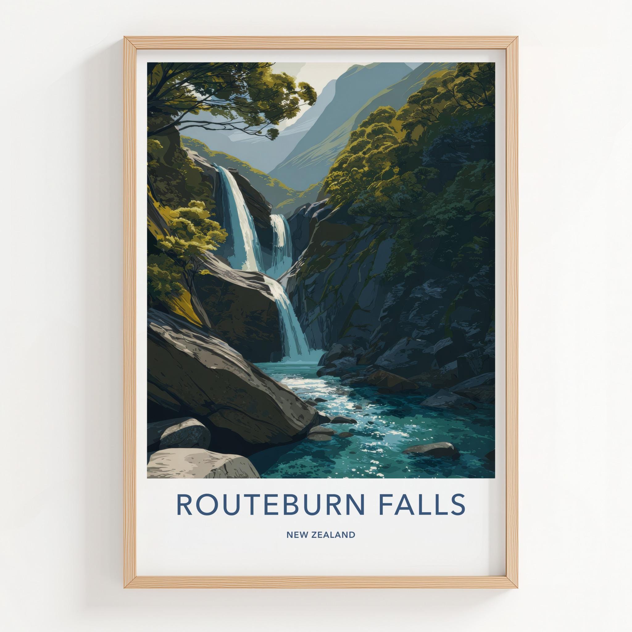 Routeburn Falls Poster - New Zealand Travel Art - Lush Mountain Waterfall Home Decor