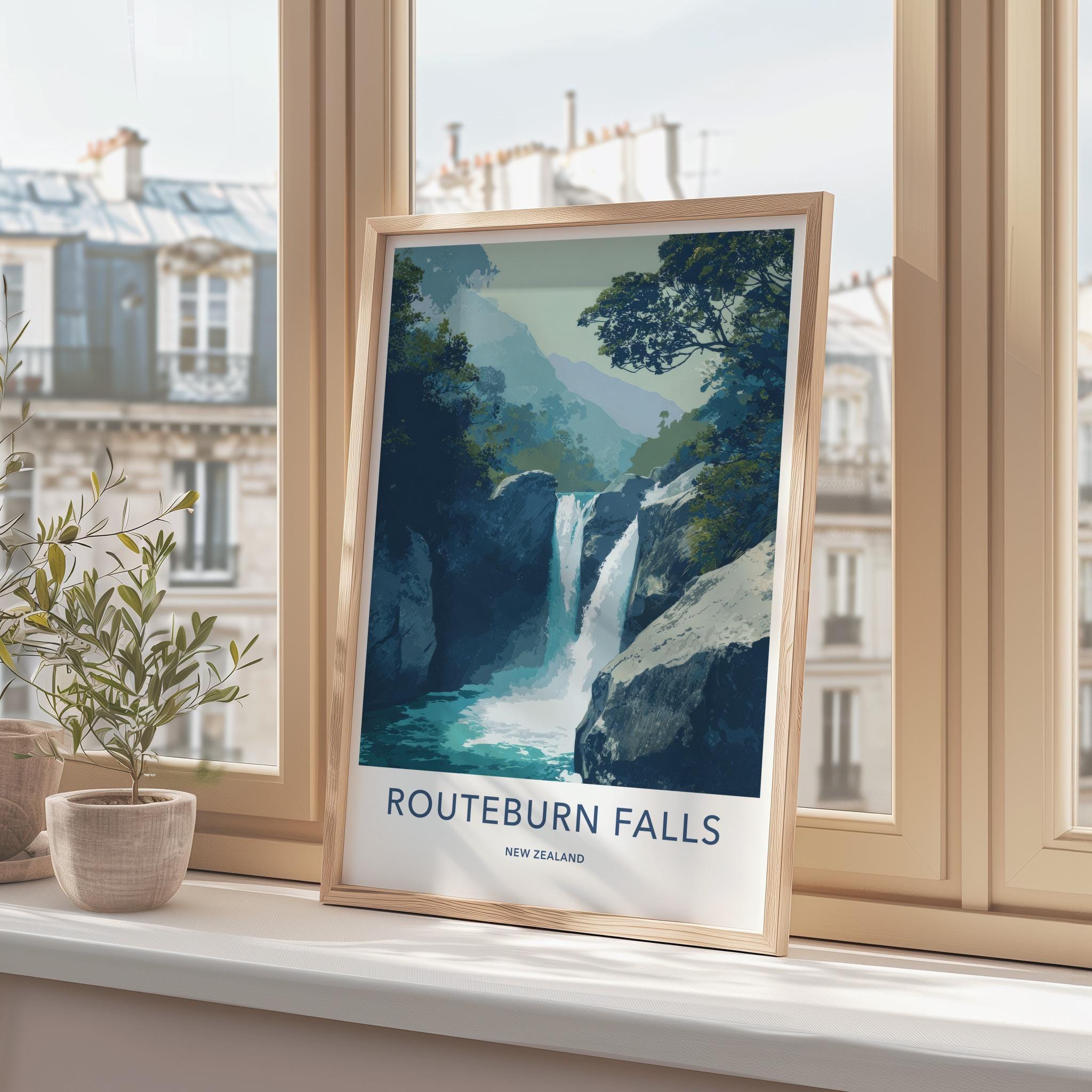 Routeburn Falls Poster - New Zealand Travel Art - Majestic Falls Scene Wall Decor