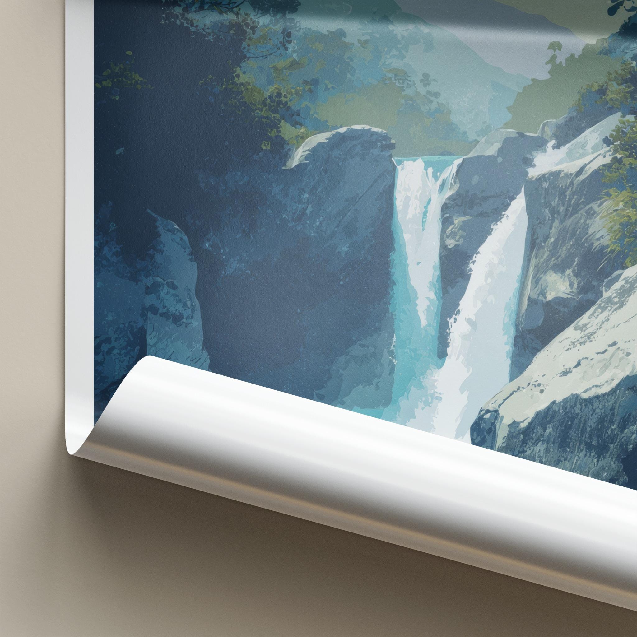 Routeburn Falls Poster - New Zealand Travel Art - Majestic Falls Scene Wall Decor