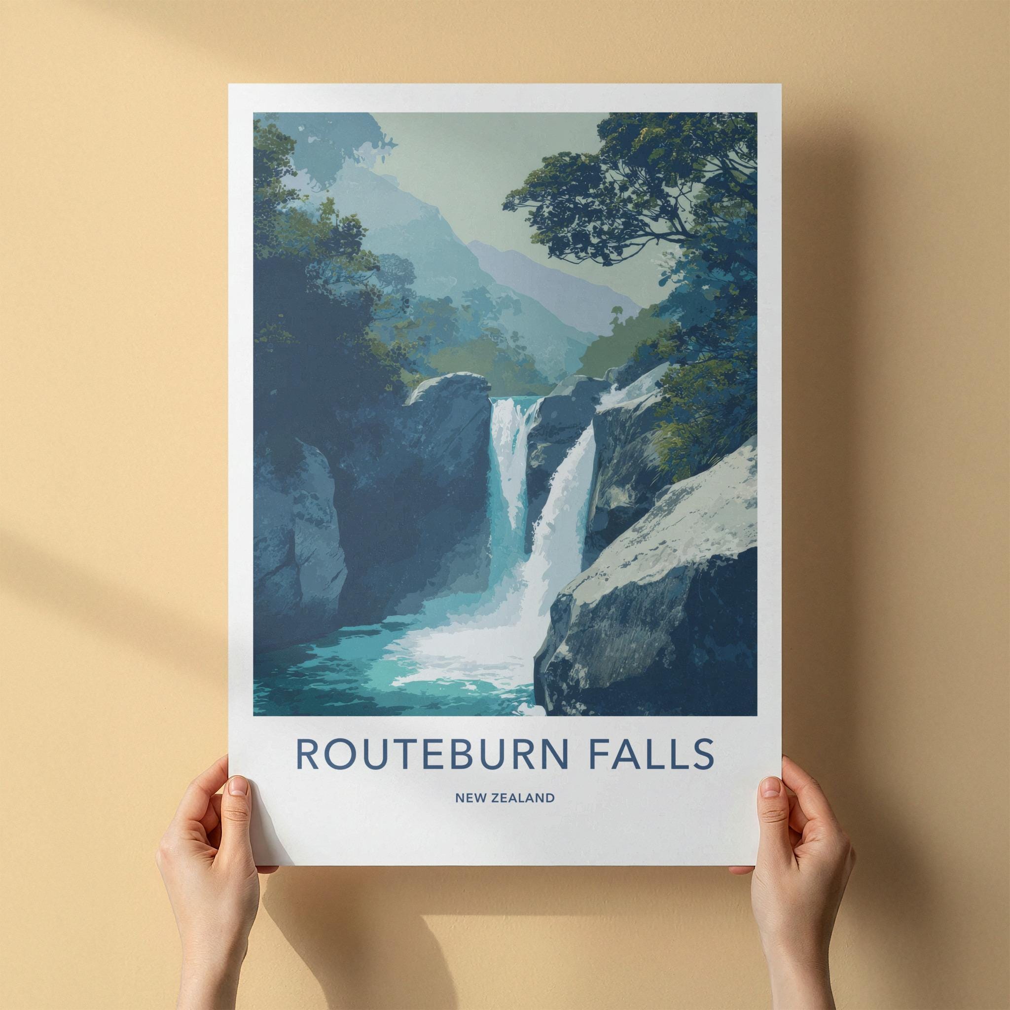 Routeburn Falls Poster - New Zealand Travel Art - Majestic Falls Scene Wall Decor