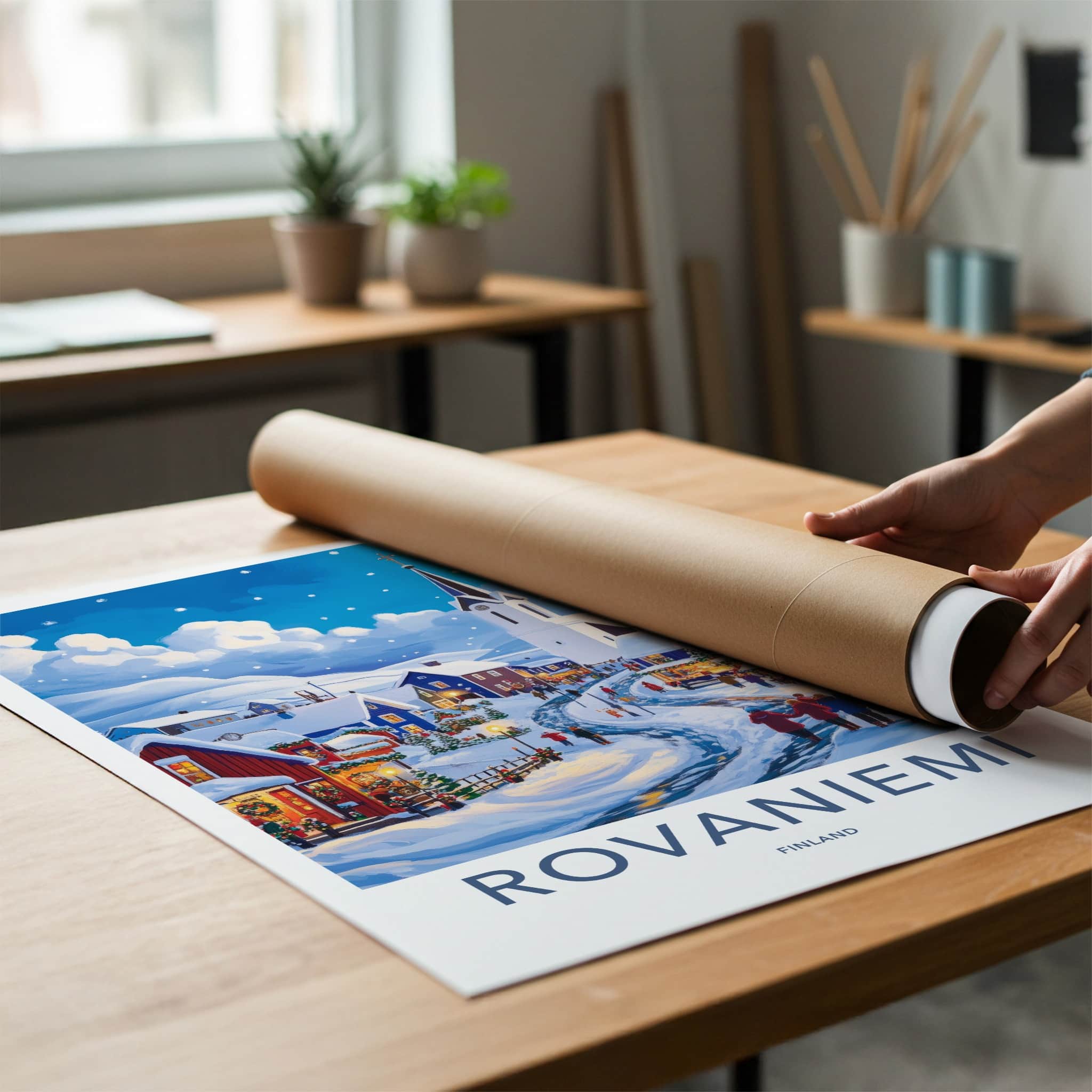 Rovaniemi Poster - Finland Travel Art - Snowy Village Scene Home Decor