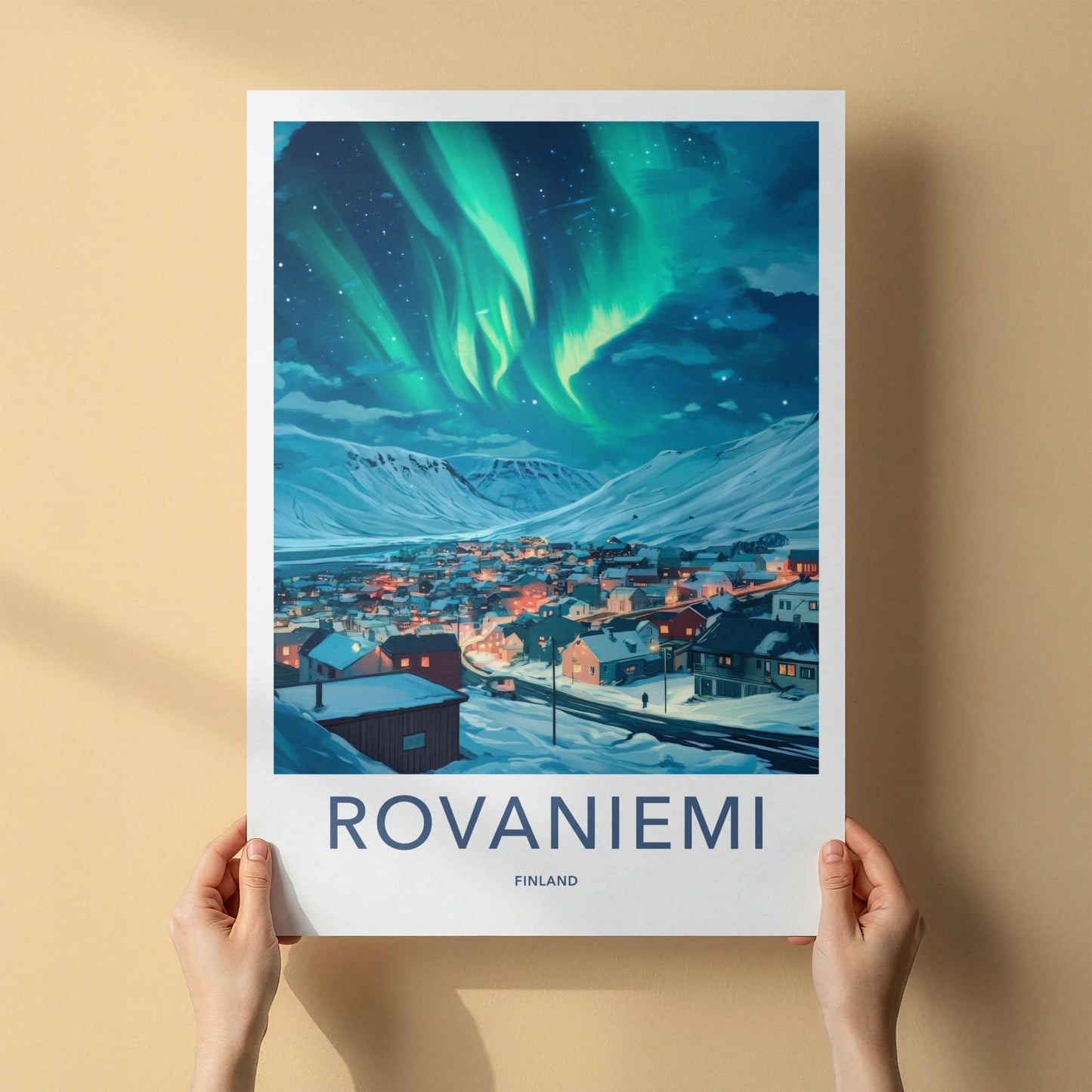 Rovaniemi Poster - Finland Travel Art - Village Northern Lights Wall Decor