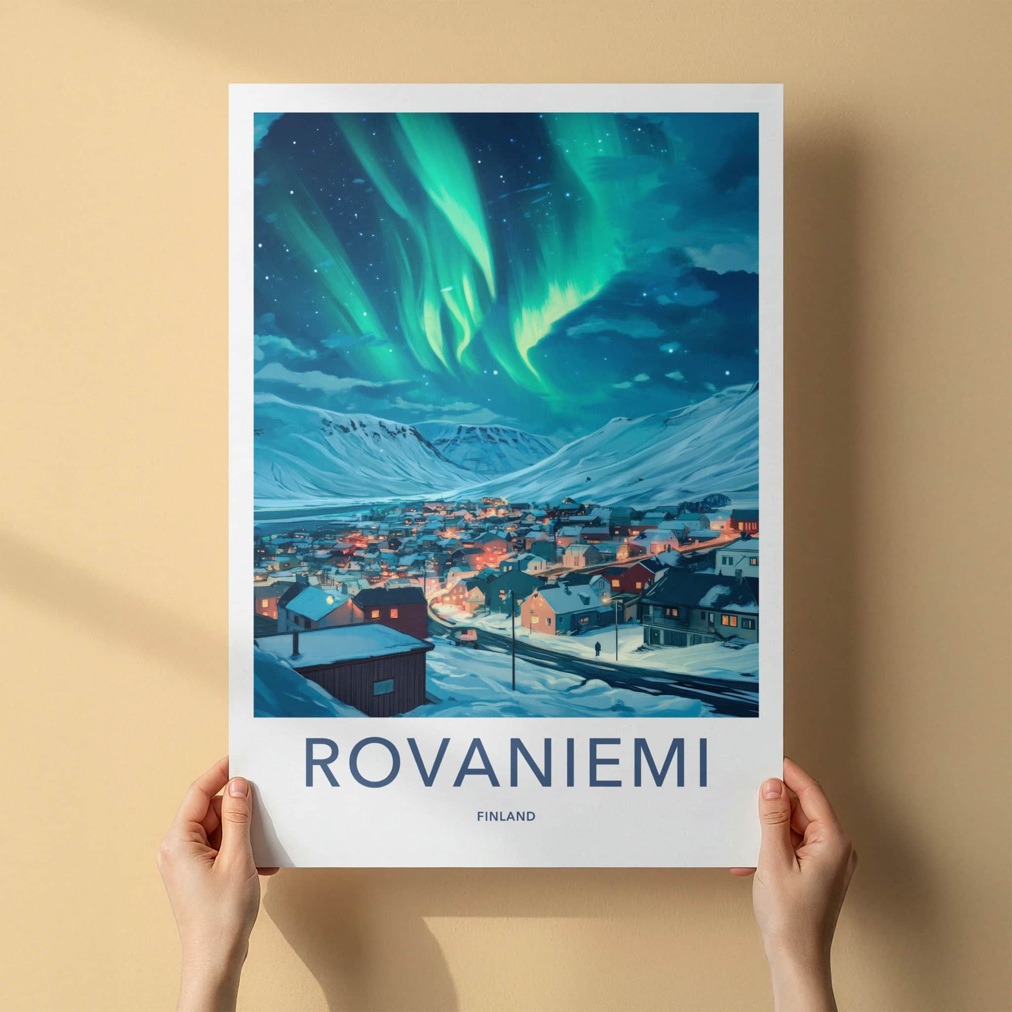 Rovaniemi Poster - Finland Travel Art - Village Northern Lights Wall Decor