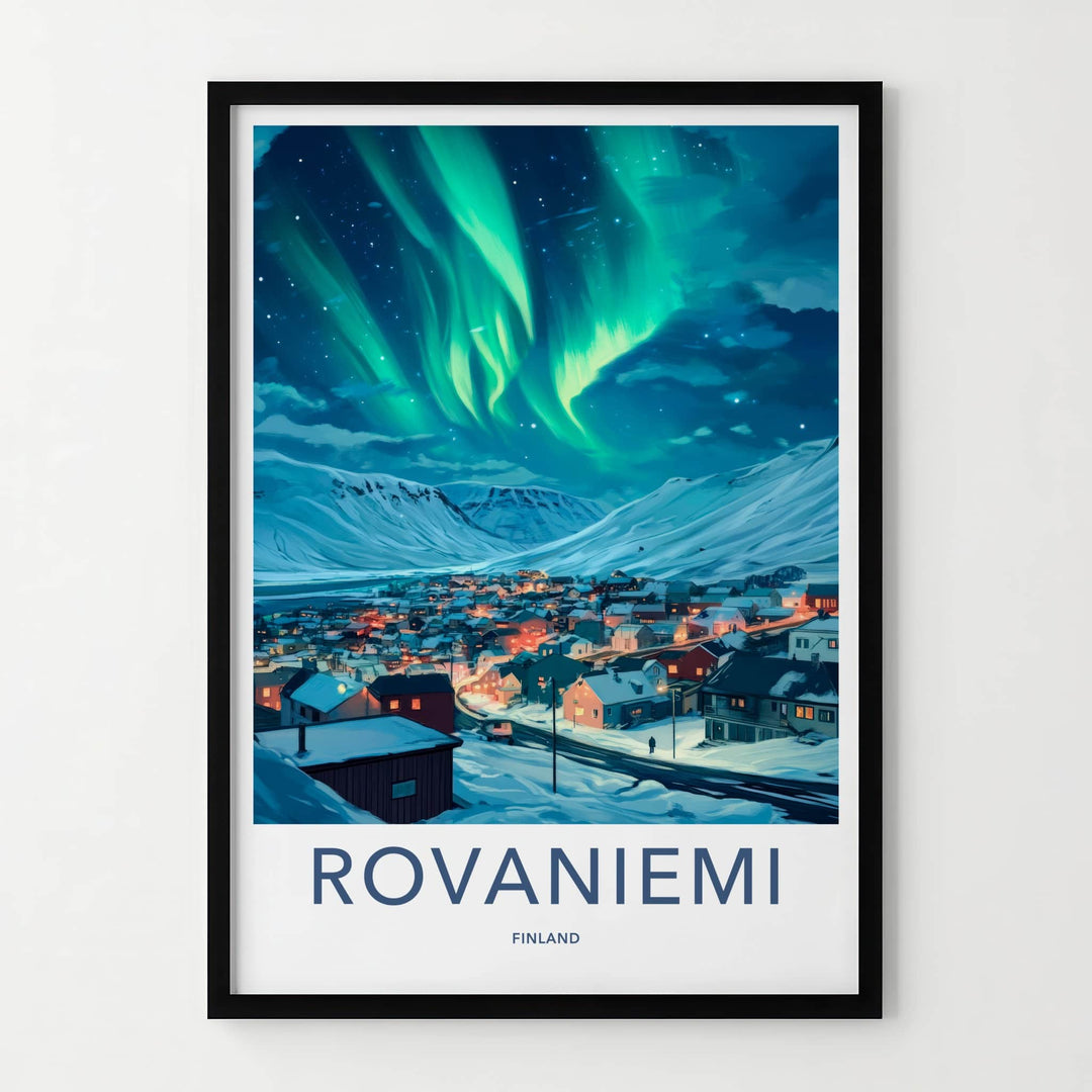 Rovaniemi Poster - Finland Travel Art - Village Northern Lights Wall Decor