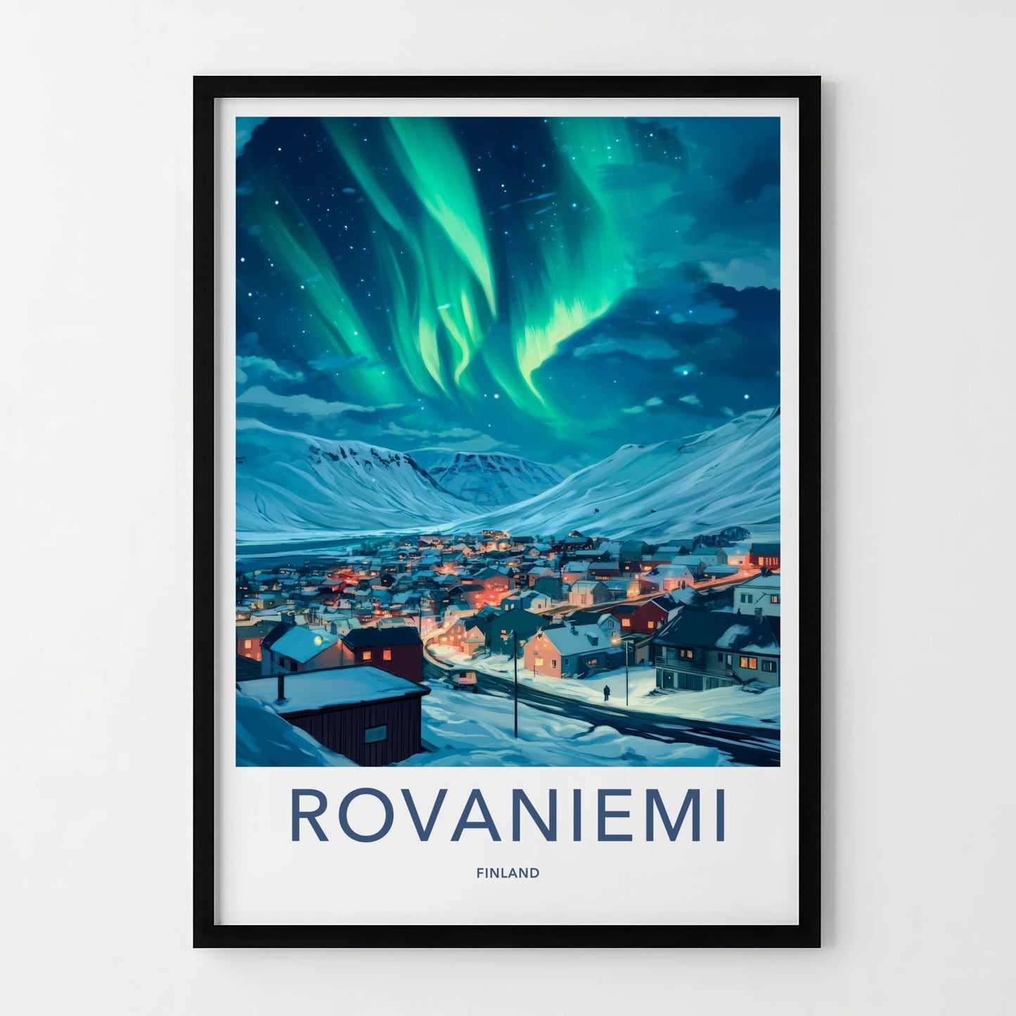 Rovaniemi Poster - Finland Travel Art - Village Northern Lights Wall Decor