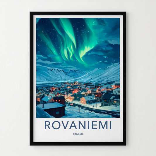 Rovaniemi Poster - Finland Travel Art - Village Northern Lights Wall Decor