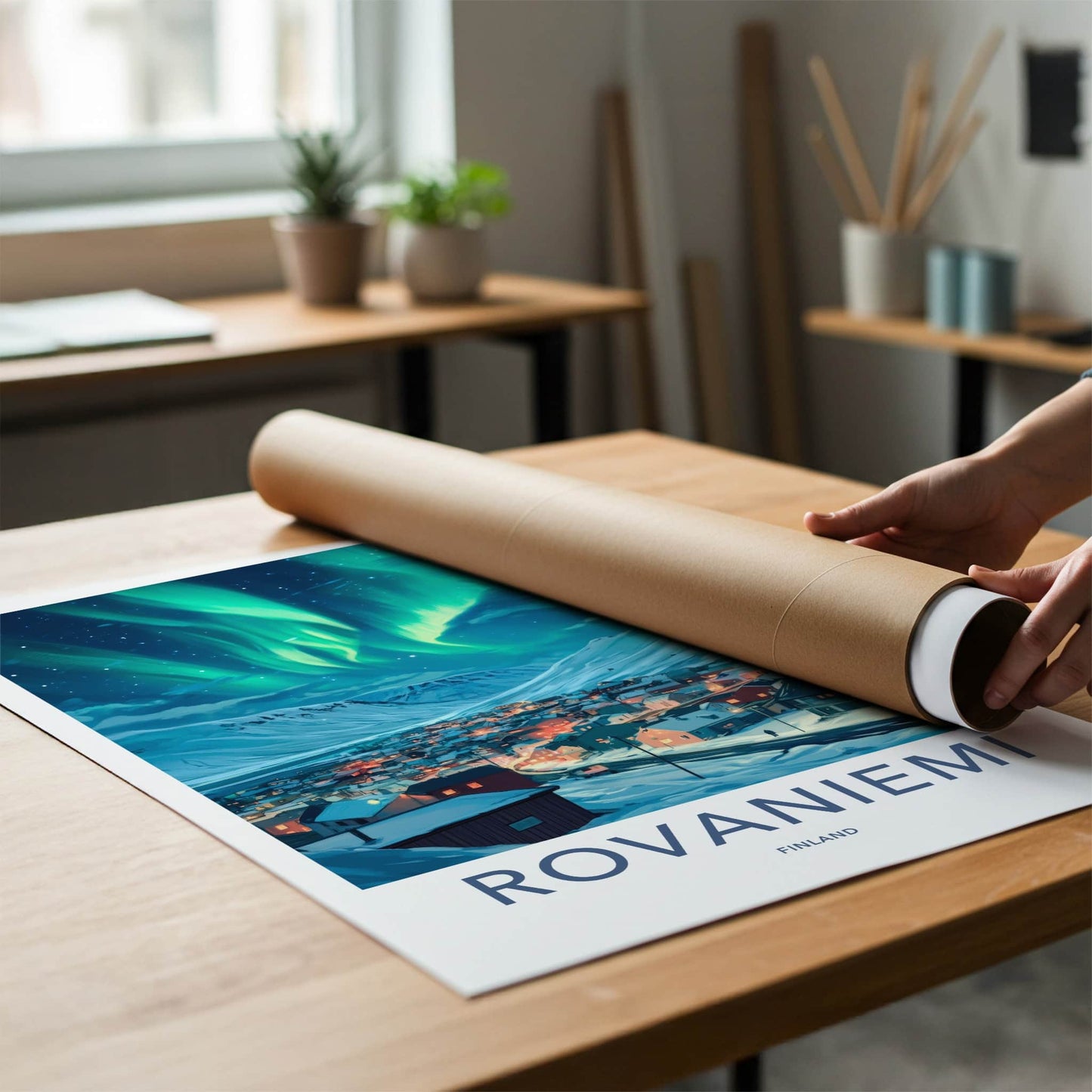 Rovaniemi Poster - Finland Travel Art - Village Northern Lights Wall Decor