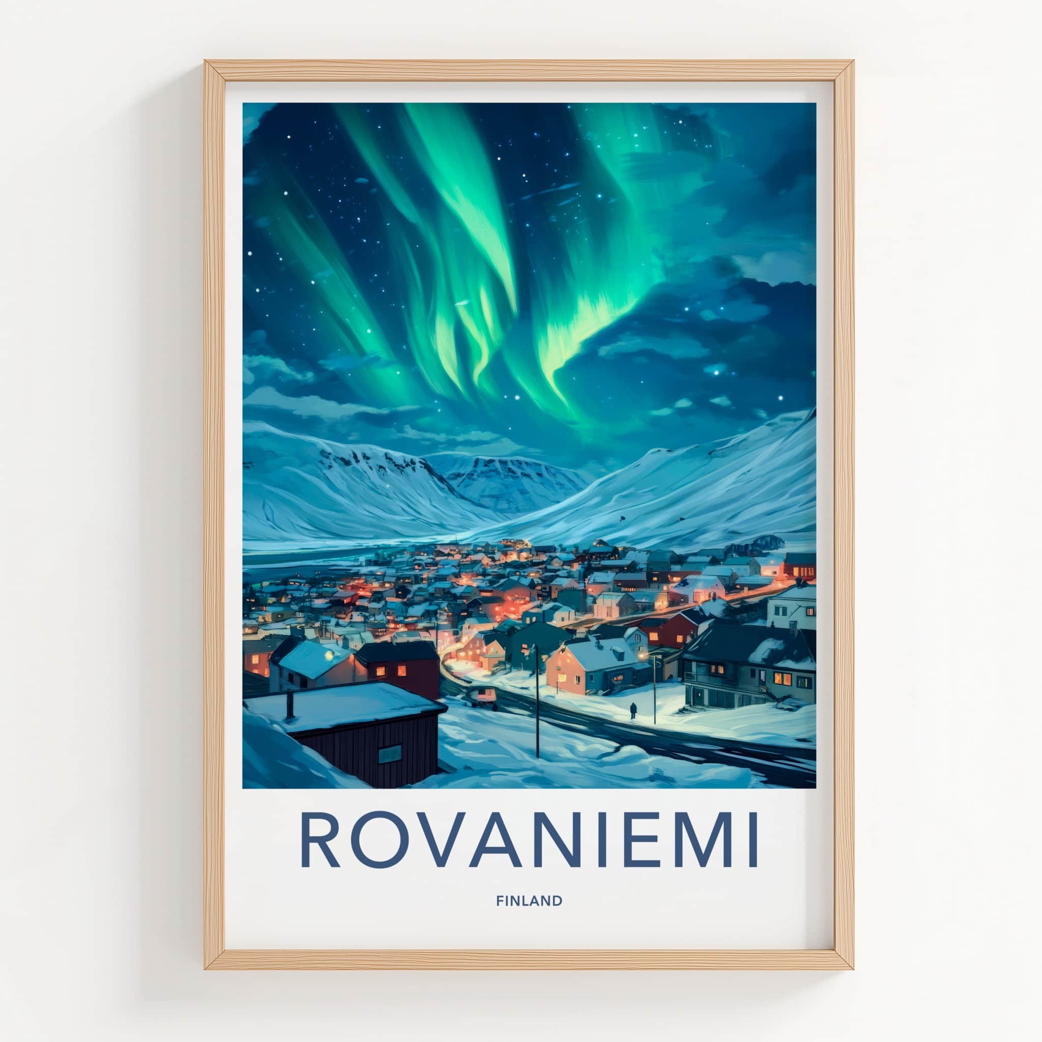 Rovaniemi Poster - Finland Travel Art - Village Northern Lights Wall Decor