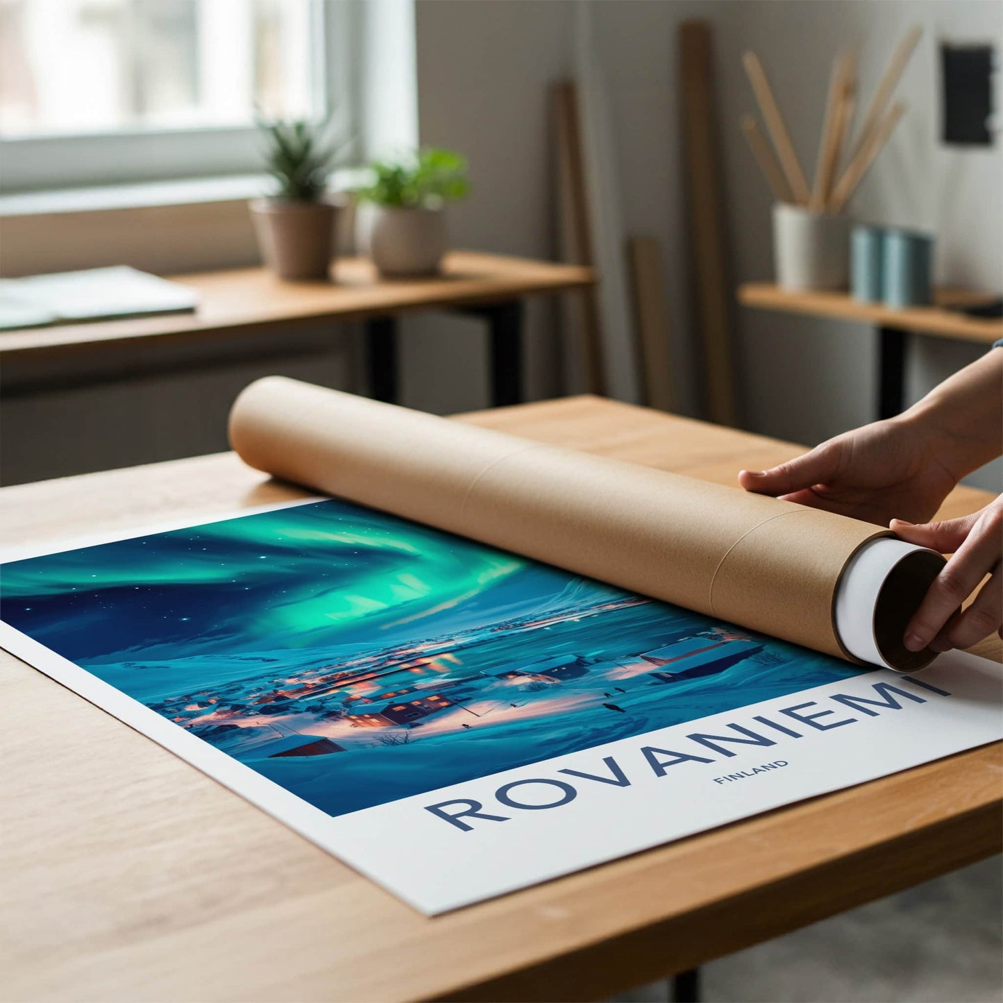 Rovaniemi Poster - Finland Travel Art - Winter Aurora Village Home Decor