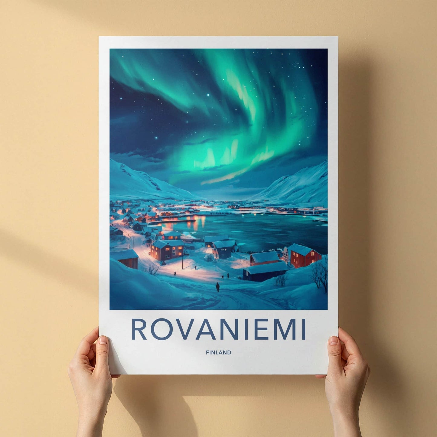 Rovaniemi Poster - Finland Travel Art - Winter Aurora Village Home Decor