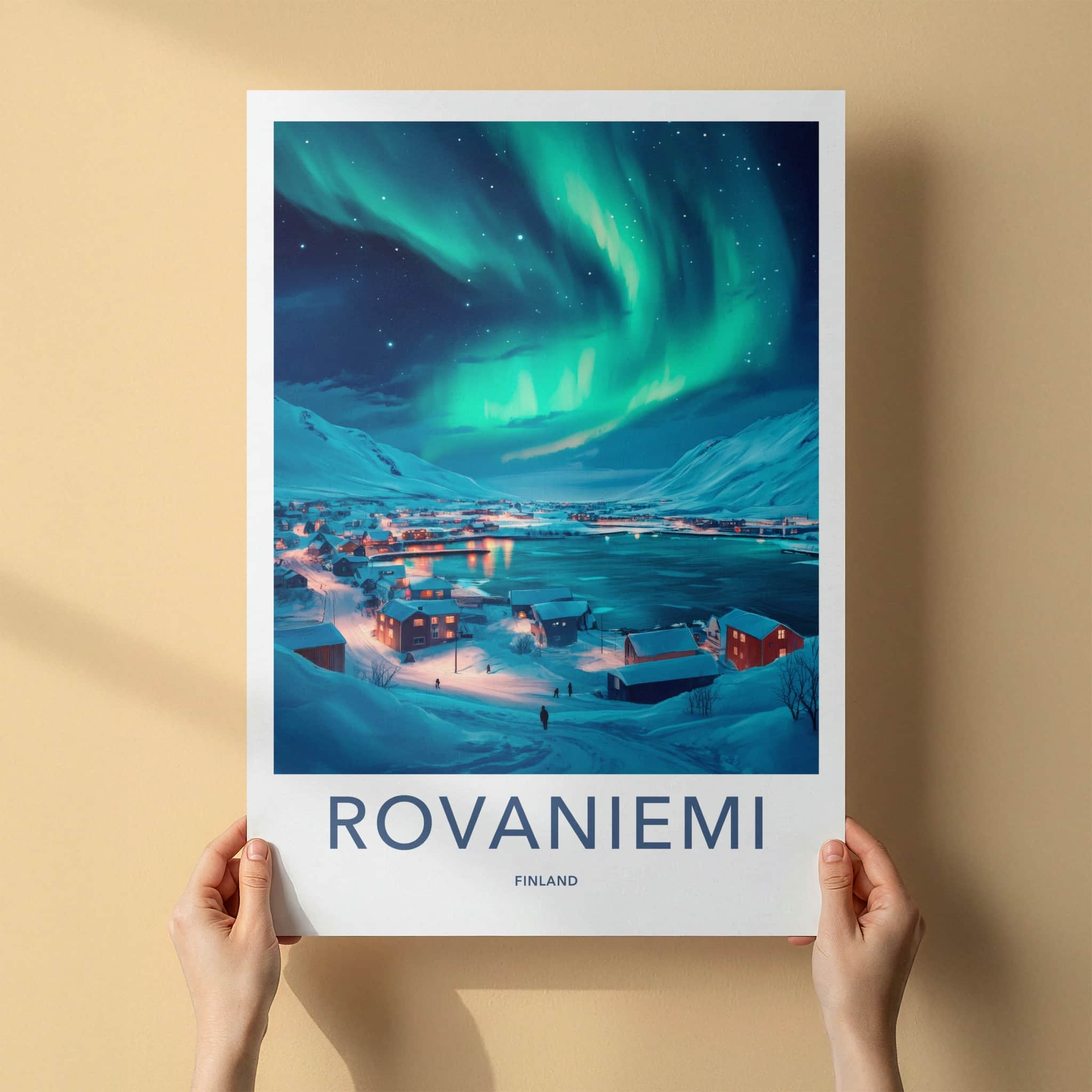 Rovaniemi Poster - Finland Travel Art - Winter Aurora Village Home Decor