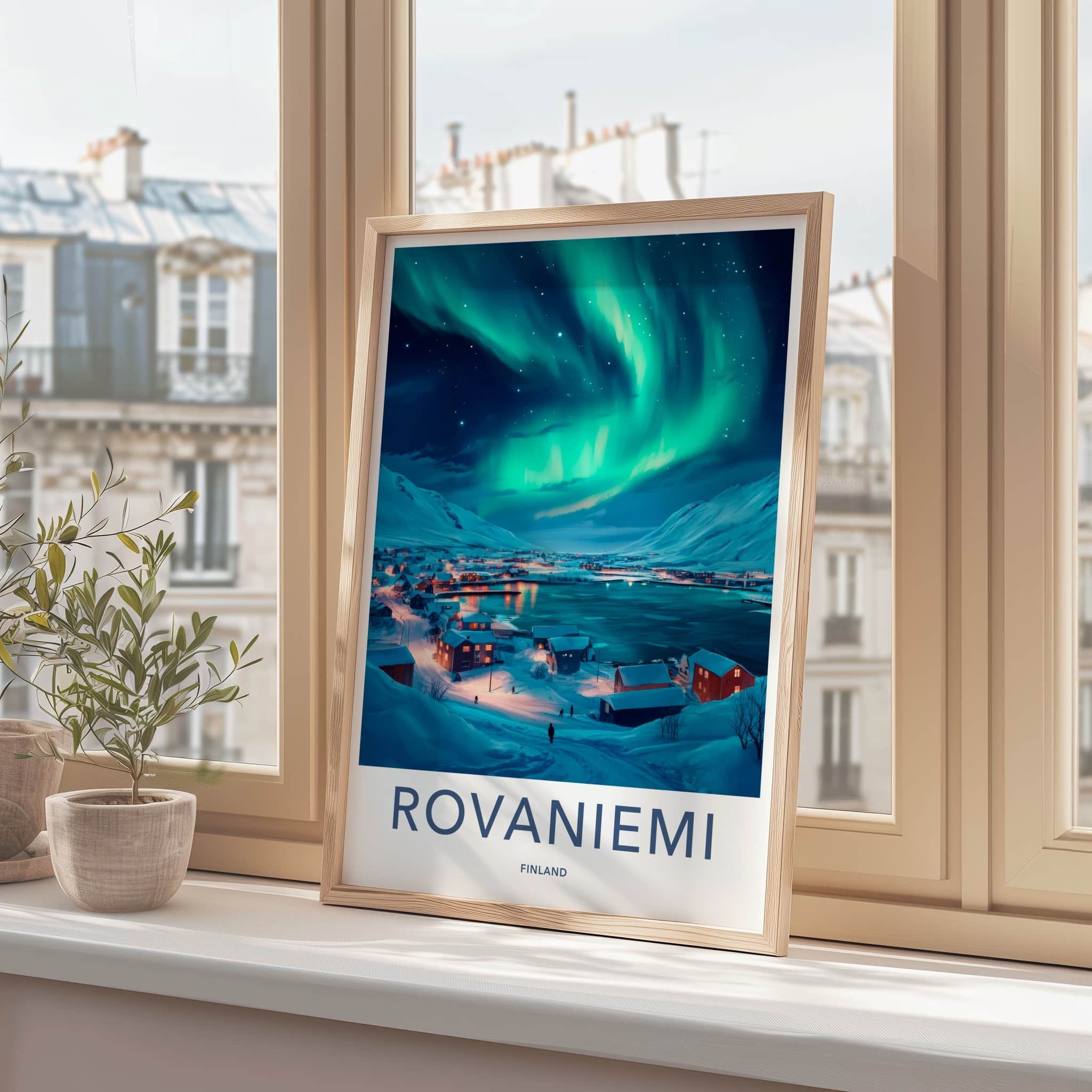 Rovaniemi Poster - Finland Travel Art - Winter Aurora Village Home Decor
