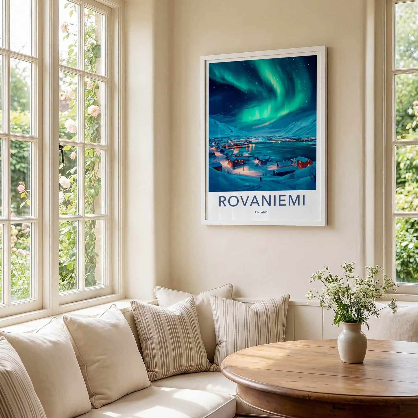 Rovaniemi Poster - Finland Travel Art - Winter Aurora Village Home Decor