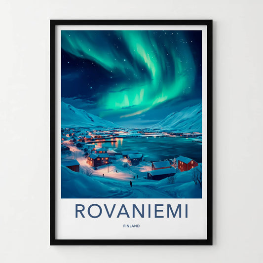 Rovaniemi Poster - Finland Travel Art - Winter Aurora Village Home Decor
