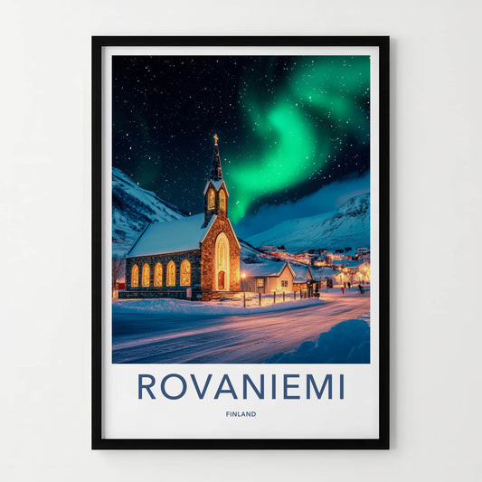 Rovaniemi Poster - Finland Travel Art - Winter Church Aurora Home Decor