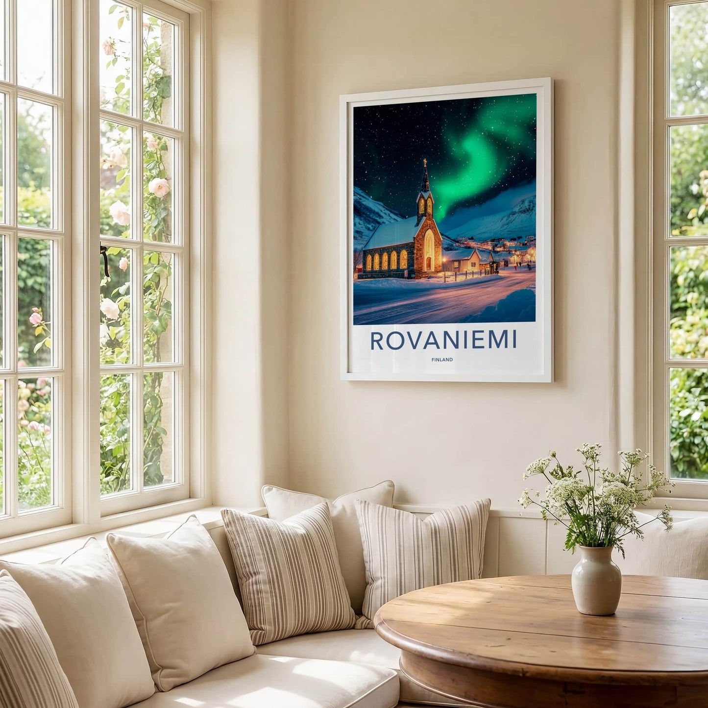 Rovaniemi Poster - Finland Travel Art - Winter Church Aurora Home Decor