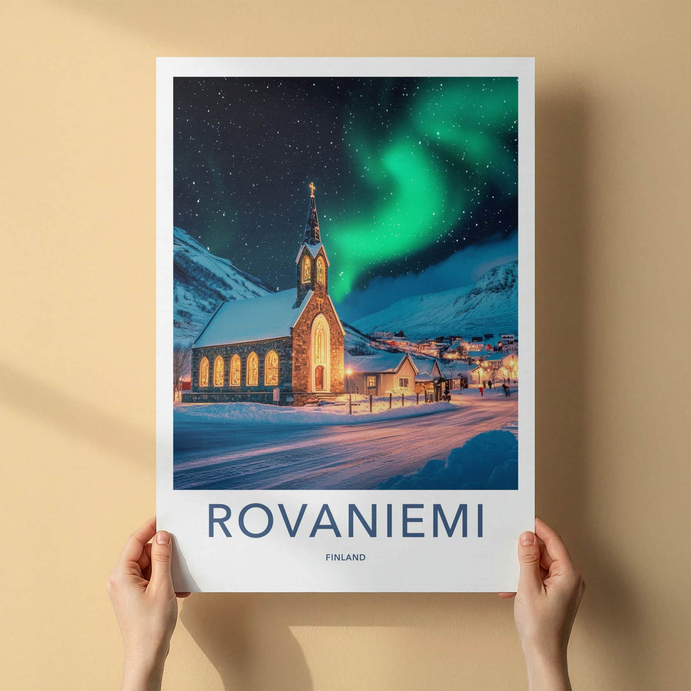 Rovaniemi Poster - Finland Travel Art - Winter Church Aurora Home Decor