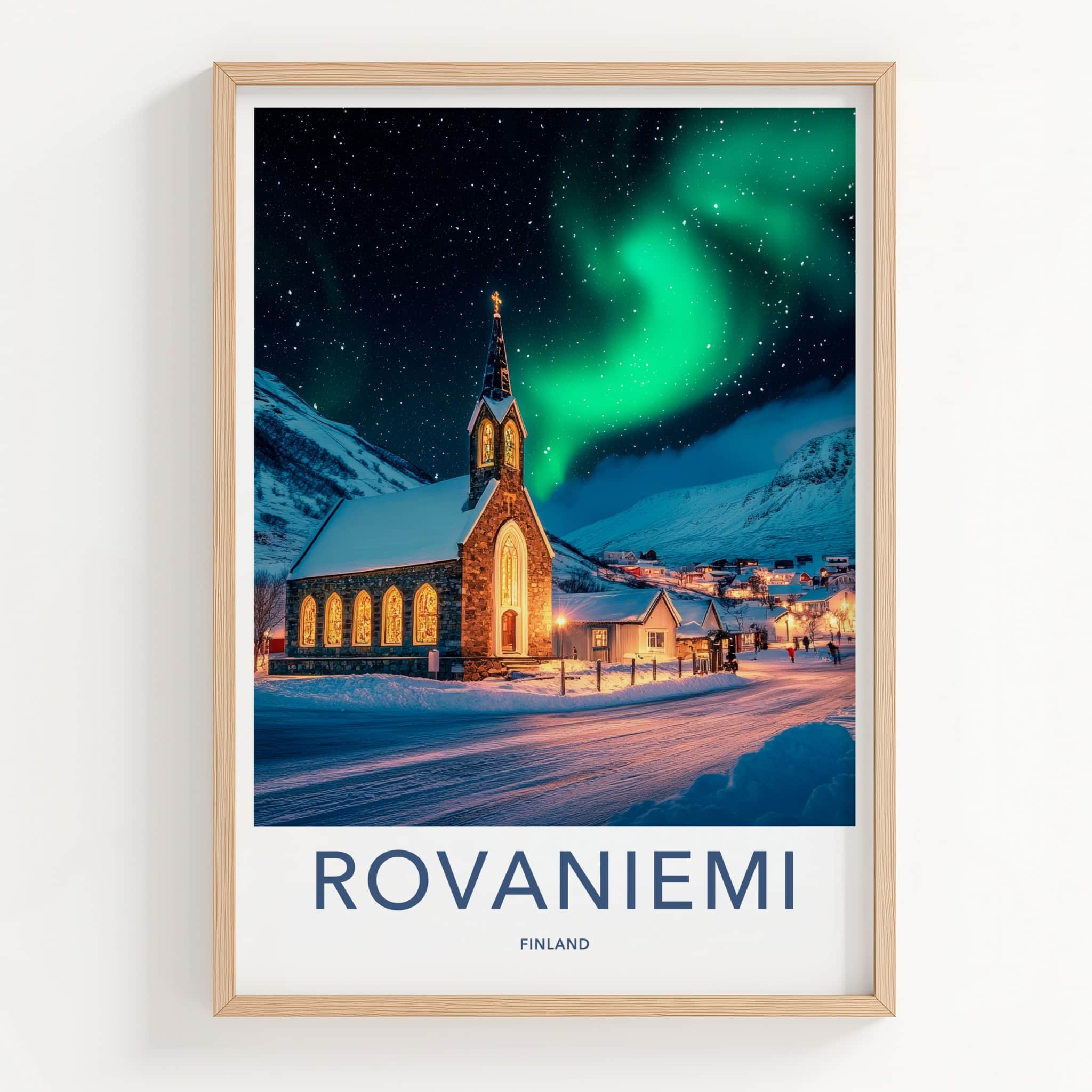 Rovaniemi Poster - Finland Travel Art - Winter Church Aurora Home Decor