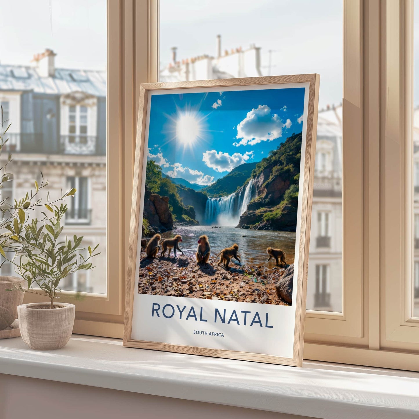 Royal Natal Poster - South Africa Travel Art - Sunny Waterfall Baboons Home Decor