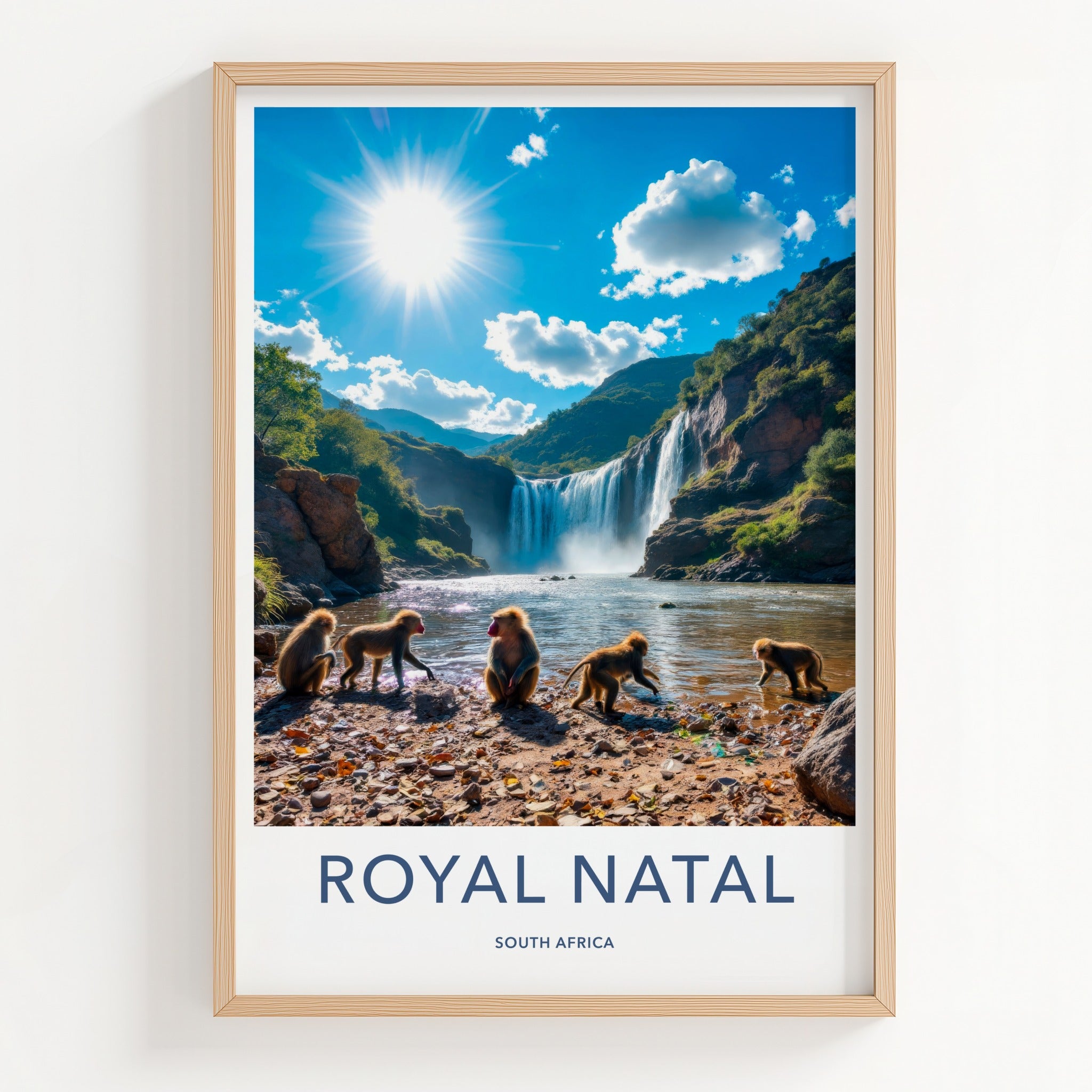 Royal Natal Poster - South Africa Travel Art - Sunny Waterfall Baboons Home Decor