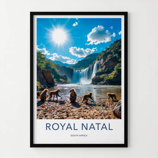 Royal Natal Poster - South Africa Travel Art - Sunny Waterfall Baboons Home Decor