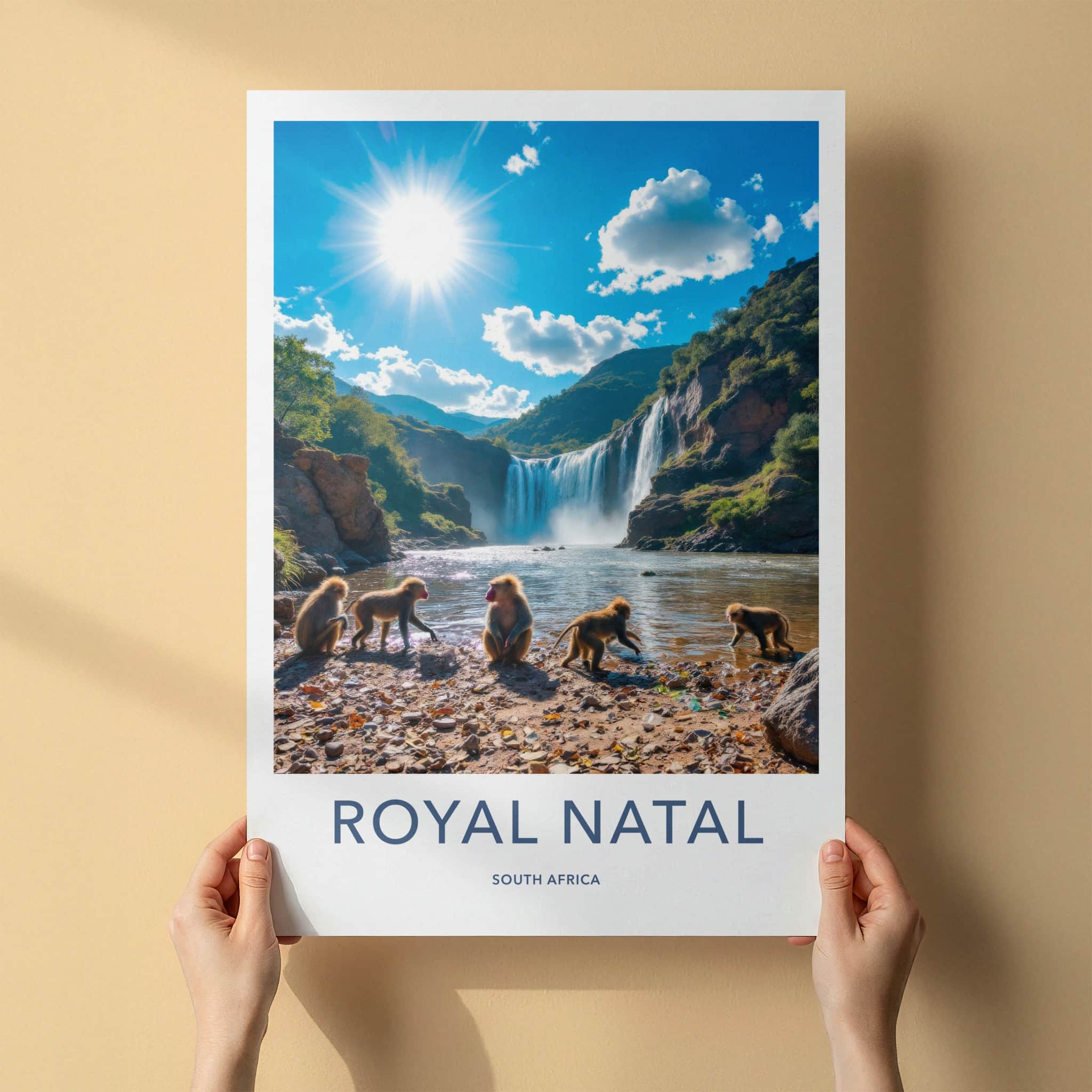 Royal Natal Poster - South Africa Travel Art - Sunny Waterfall Baboons Home Decor