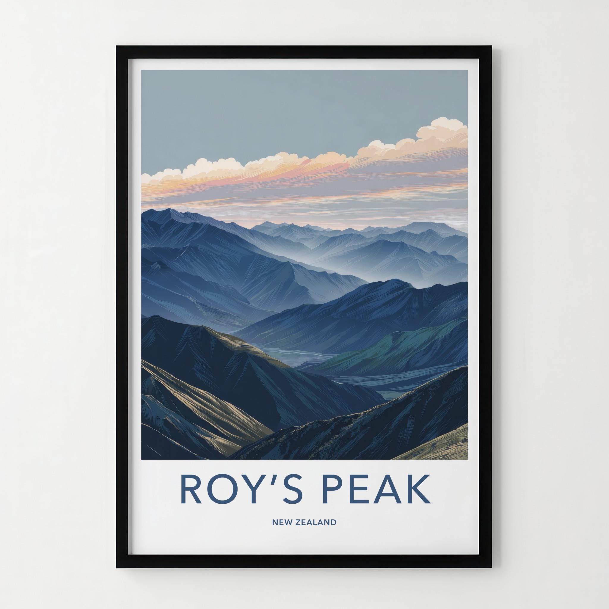 Roys Peak Poster - New Zealand Travel Art - Layered Mountain Valley Home Decor