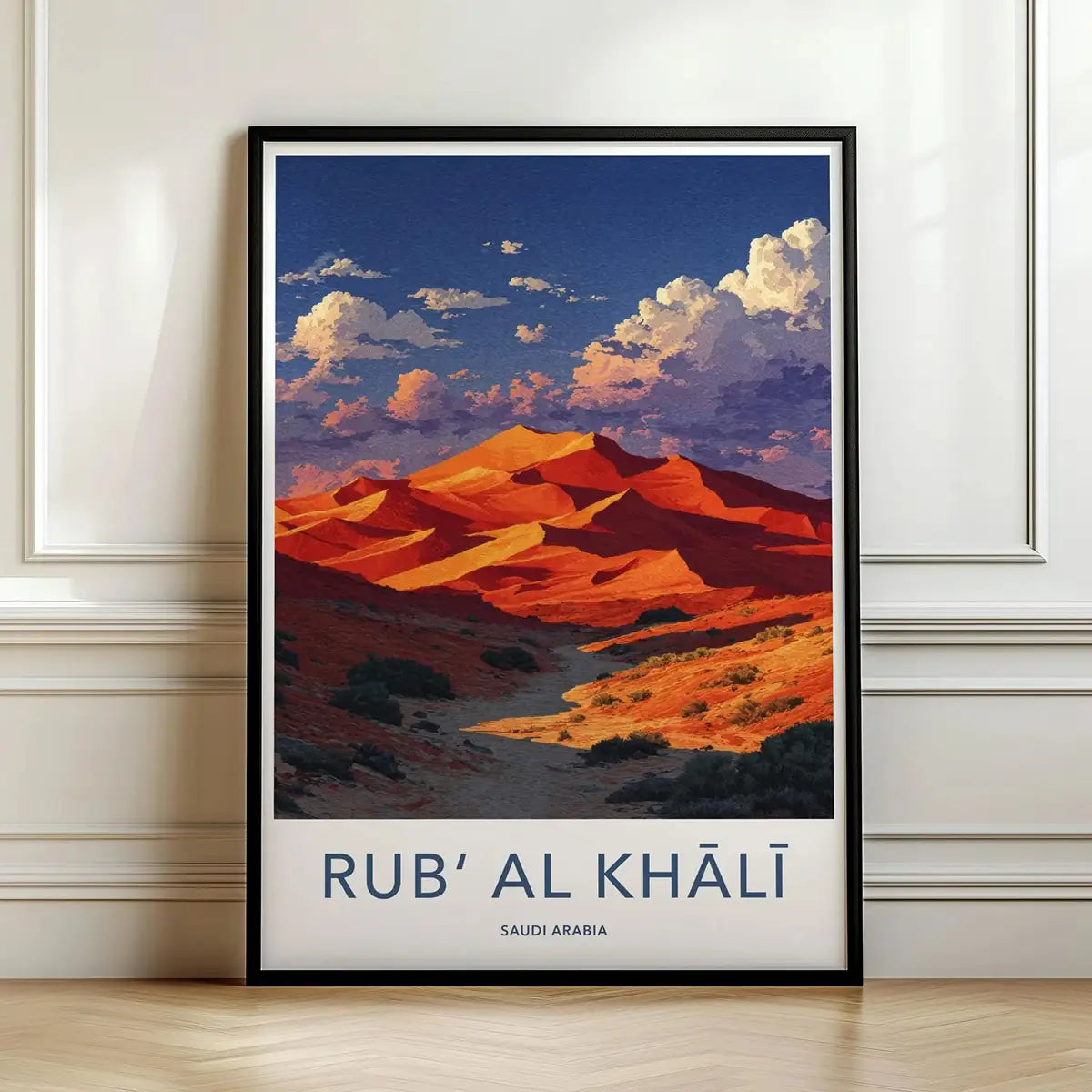 Framed poster of Rub' Al Khali desert landscape with a blue sky.
