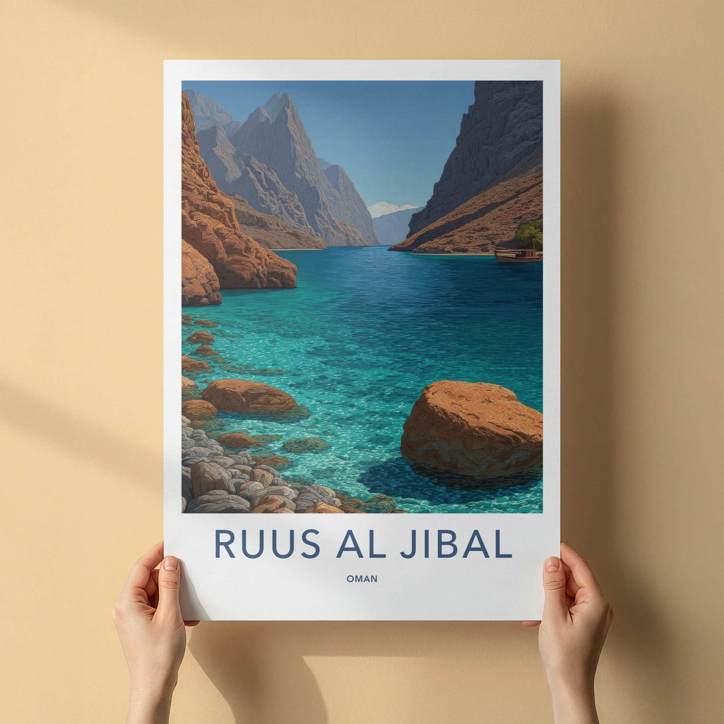 Ruus Al Jibal Poster - Oman Travel Print - Calm Ocean Boat Framed Decor