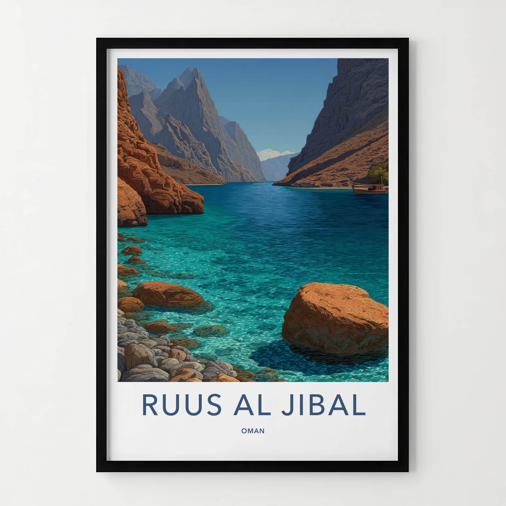 Ruus Al Jibal Poster - Oman Travel Print - Calm Ocean Boat Framed Decor