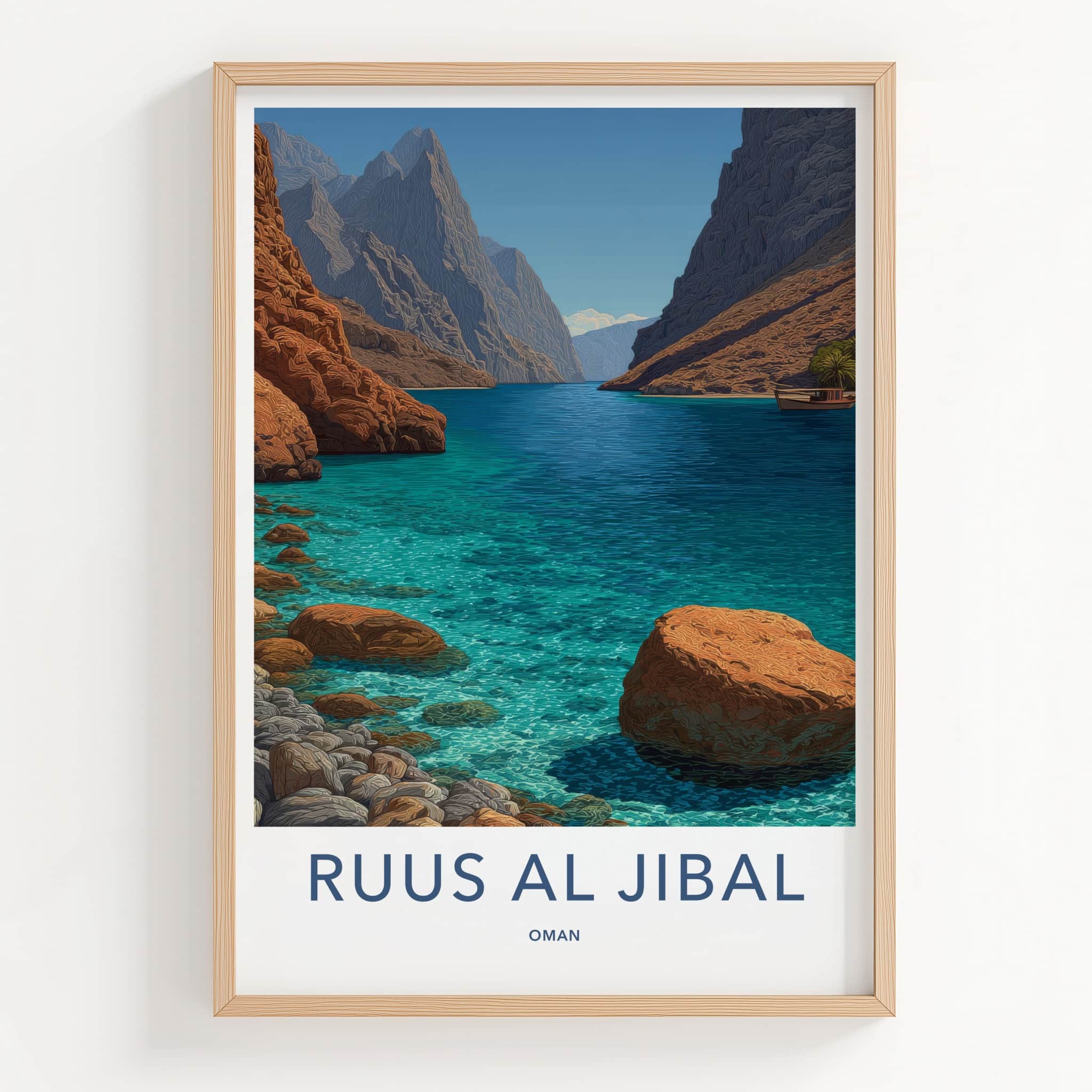 Ruus Al Jibal Poster - Oman Travel Print - Calm Ocean Boat Framed Decor