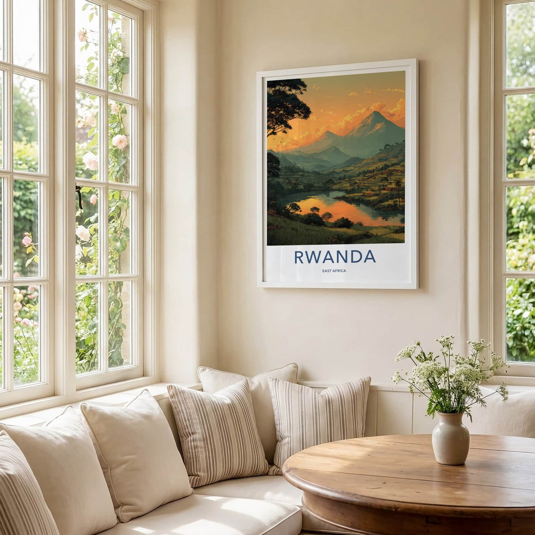 Rwanda Poster - Africa Travel Art - Sunset Mountain Lake Home Decor