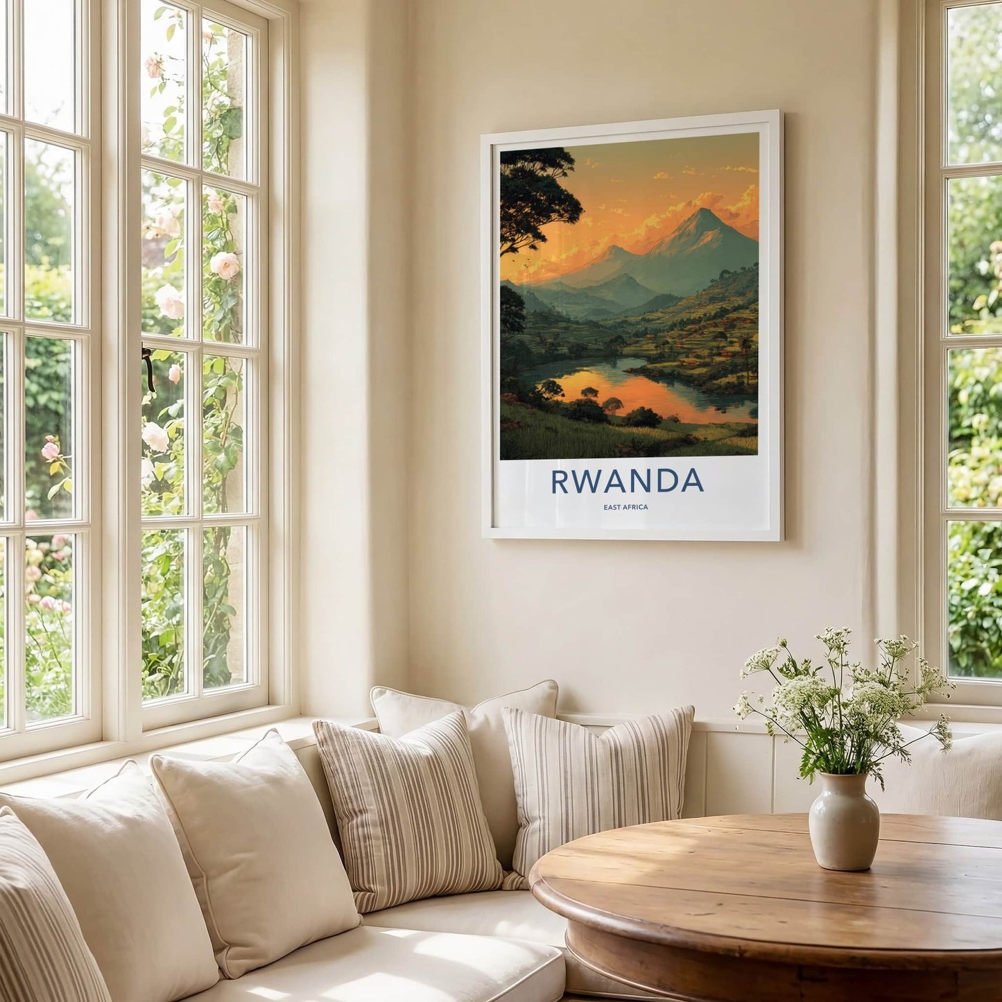 Rwanda Poster - Africa Travel Art - Sunset Mountain Lake Home Decor