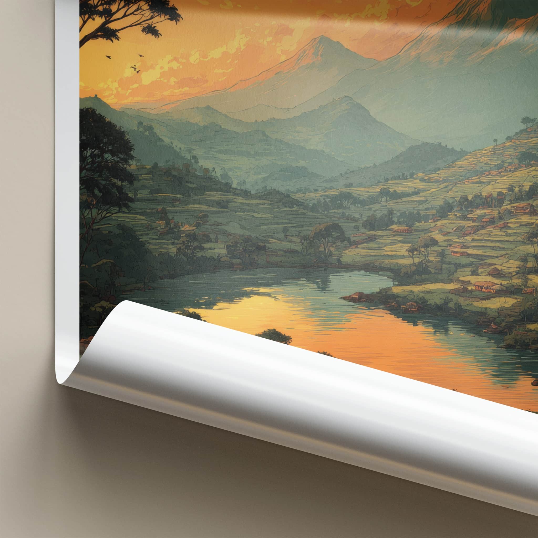 Rwanda Poster - Africa Travel Art - Sunset Mountain Lake Home Decor