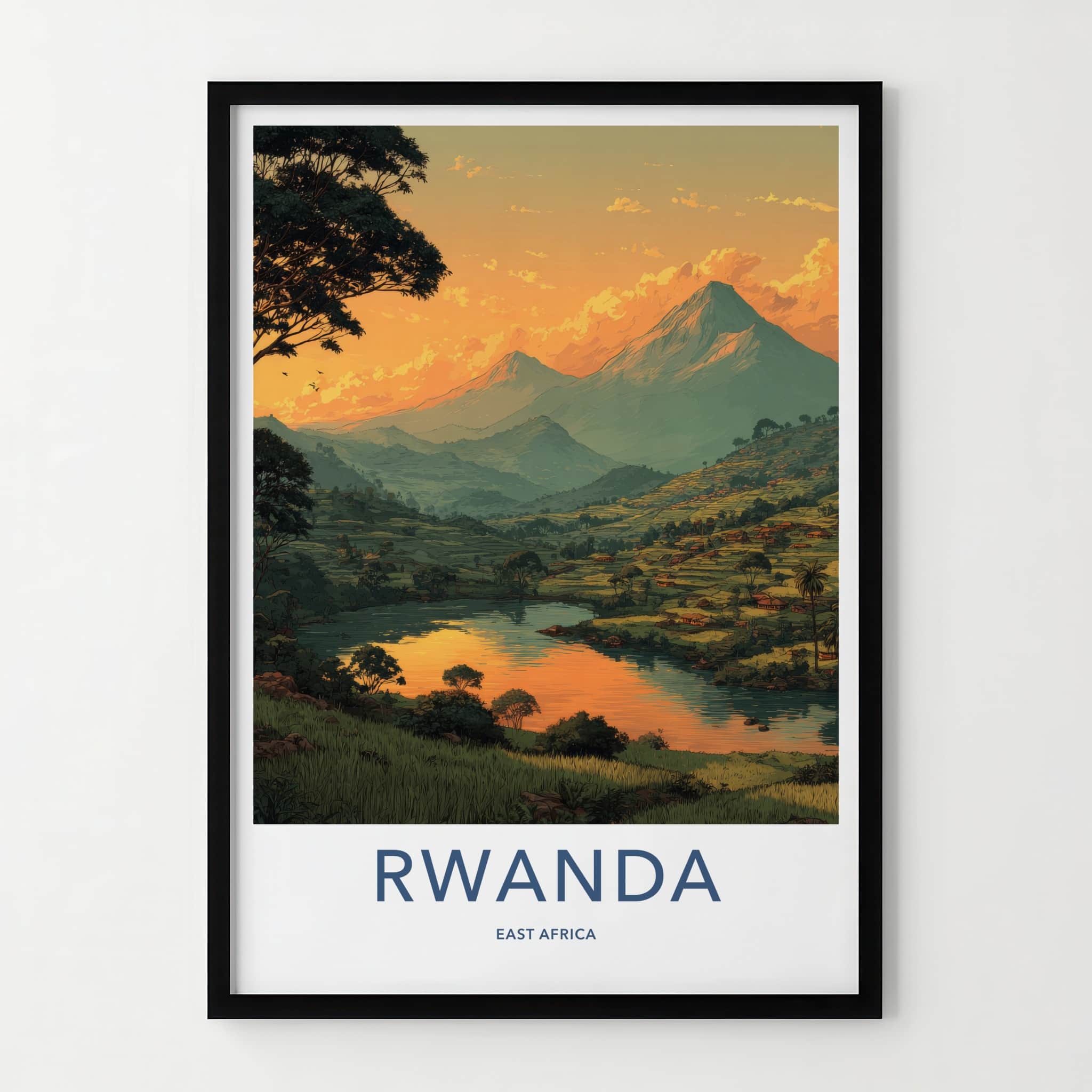 Rwanda Poster - Africa Travel Art - Sunset Mountain Lake Home Decor