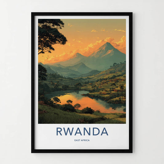 Rwanda Poster - Africa Travel Art - Sunset Mountain Lake Home Decor