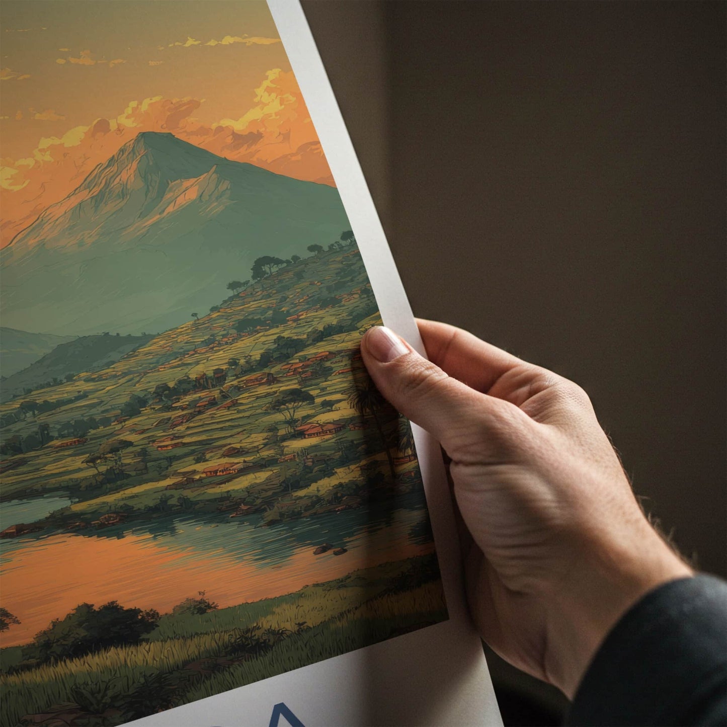 Rwanda Poster - Africa Travel Art - Sunset Mountain Lake Home Decor