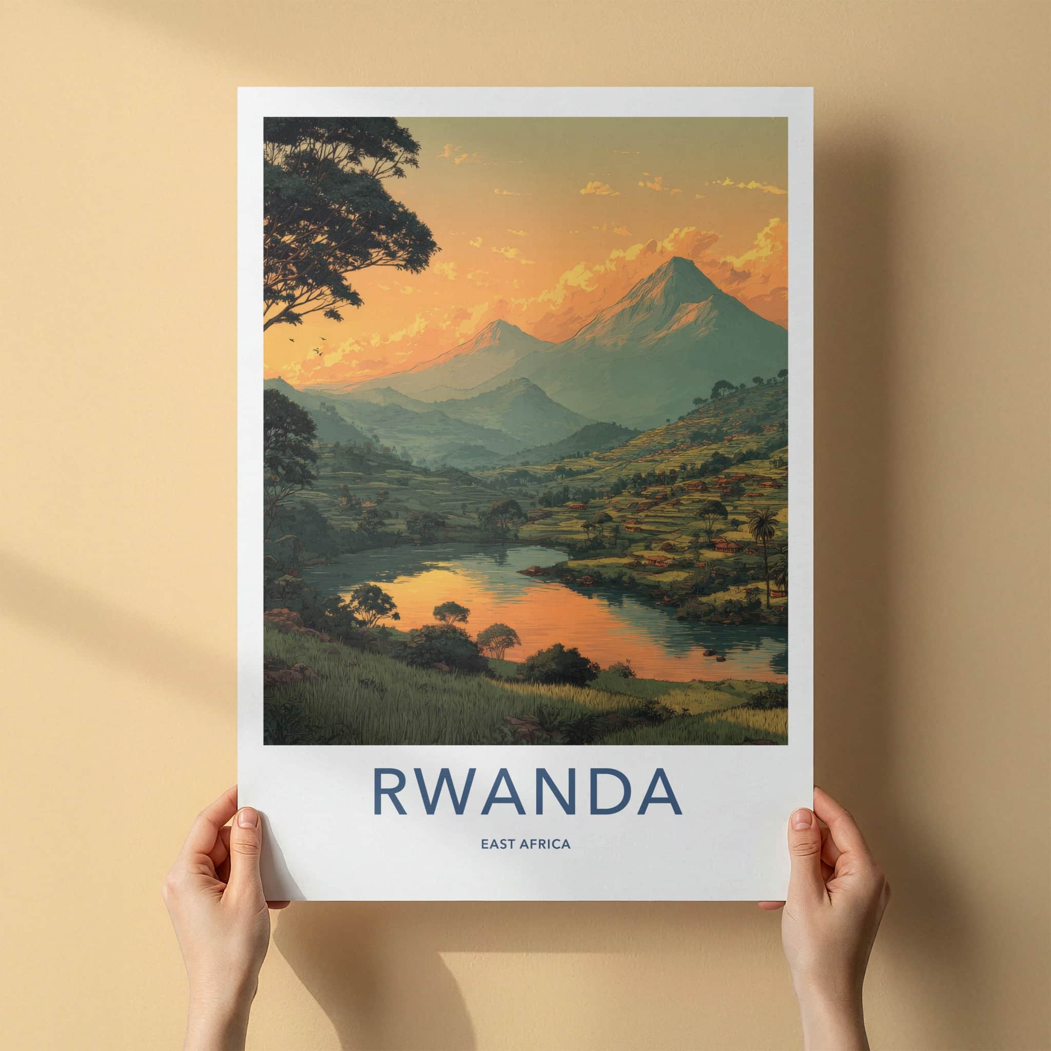 Rwanda Poster - Africa Travel Art - Sunset Mountain Lake Home Decor