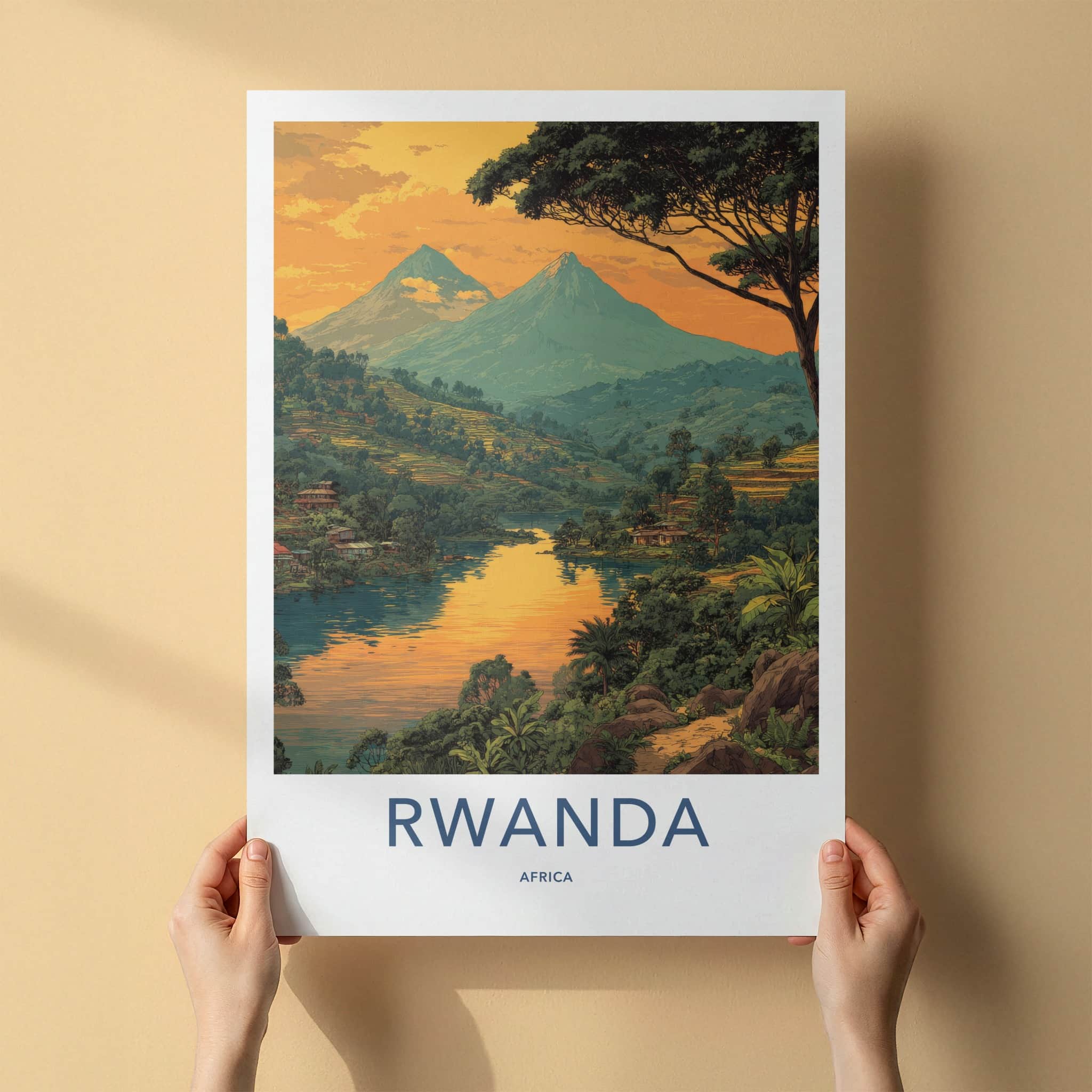 Rwanda Poster - Africa Travel Art - Volcanic Peaks Water Wall Decor