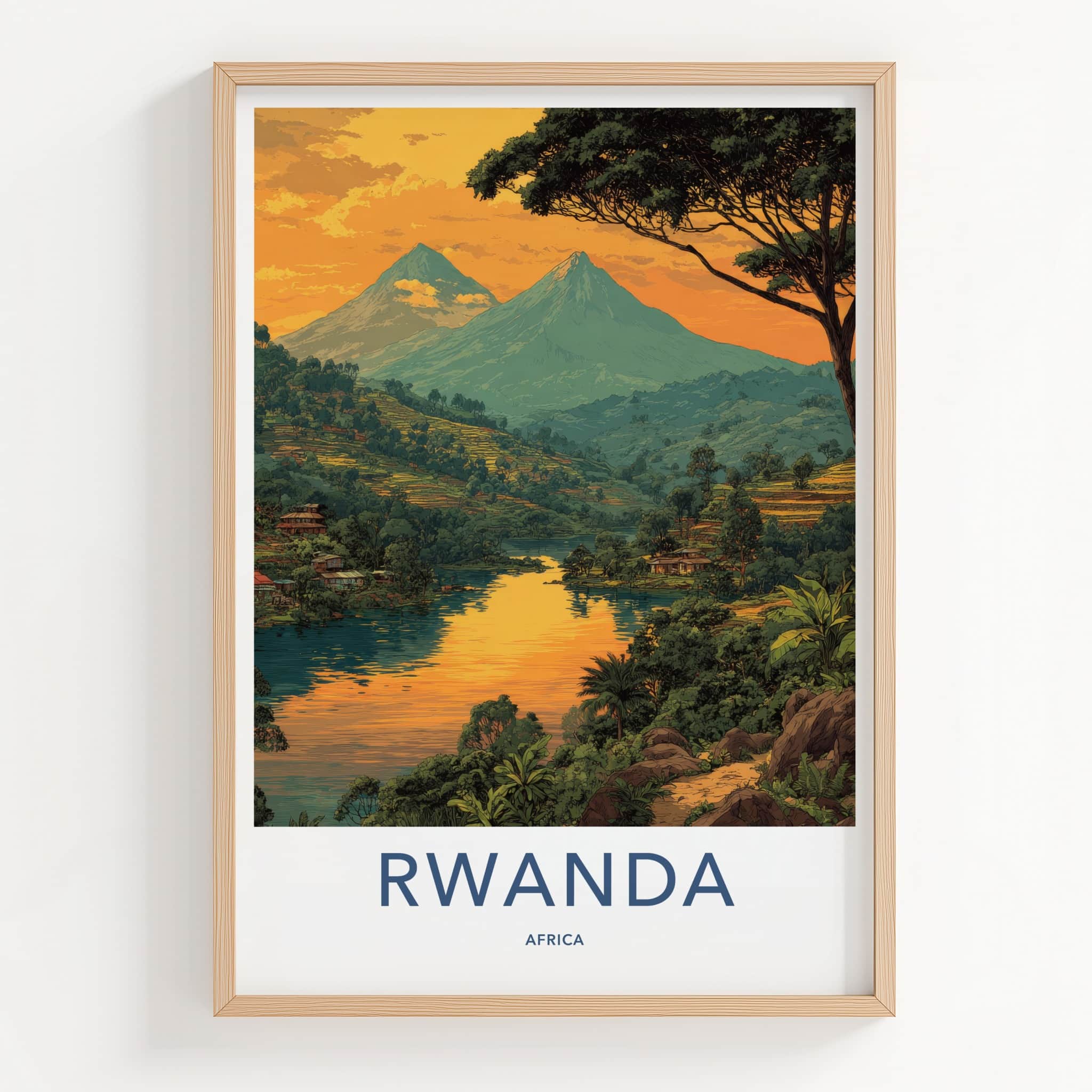 Rwanda Poster - Africa Travel Art - Volcanic Peaks Water Wall Decor