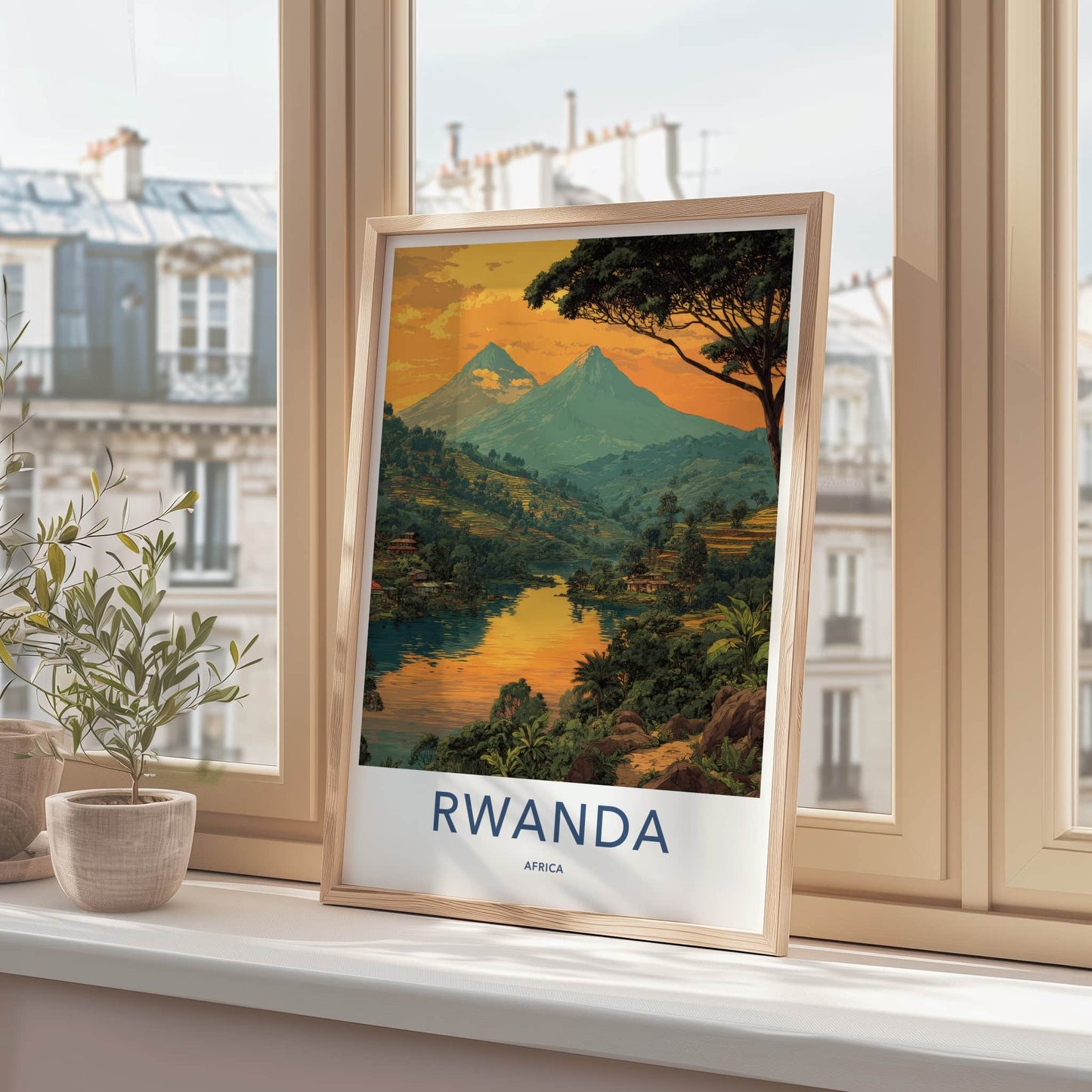 Rwanda Poster - Africa Travel Art - Volcanic Peaks Water Wall Decor